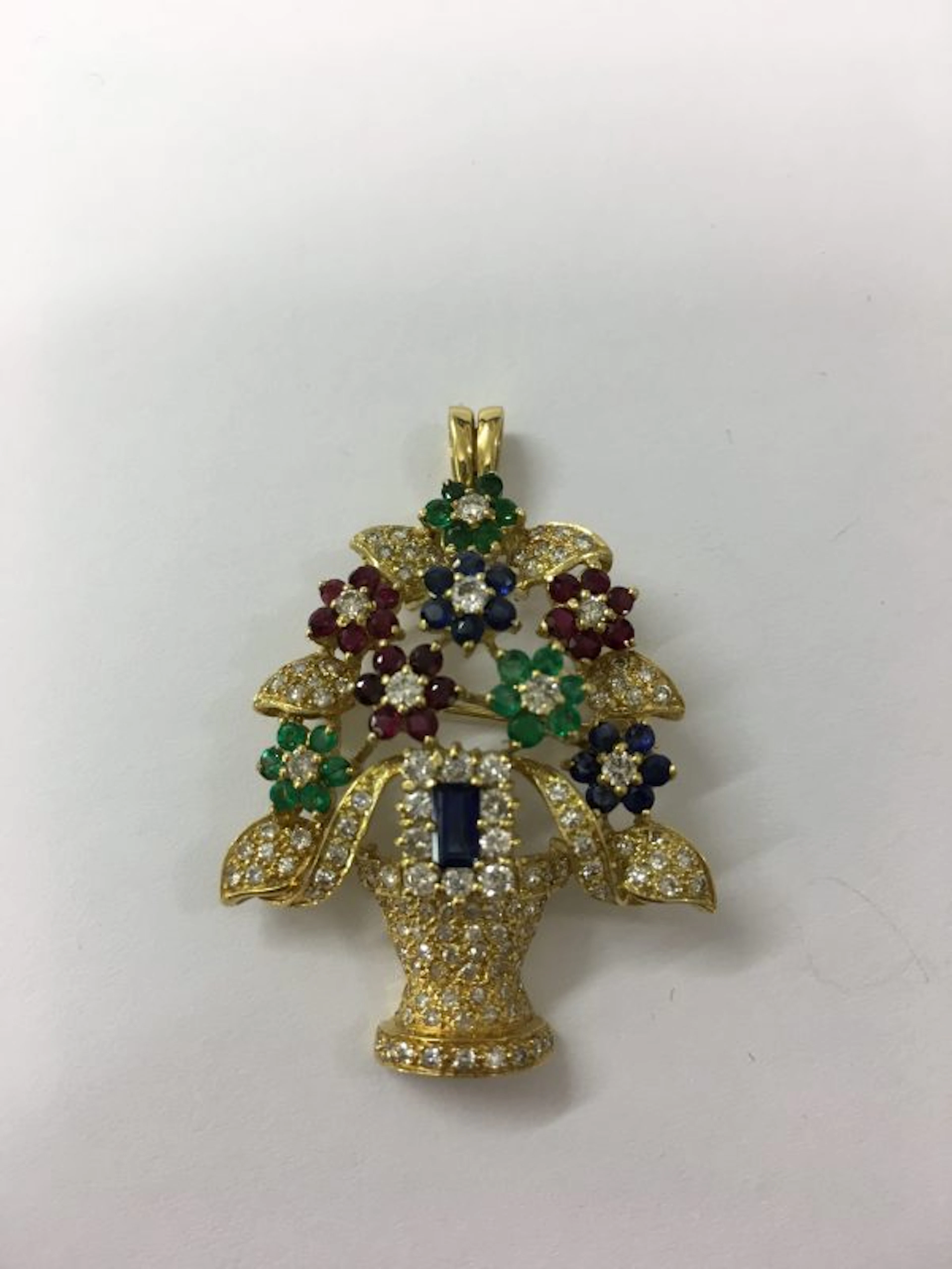 Brooch/pendant flower pot design in ruby diamond emerald and sapphires