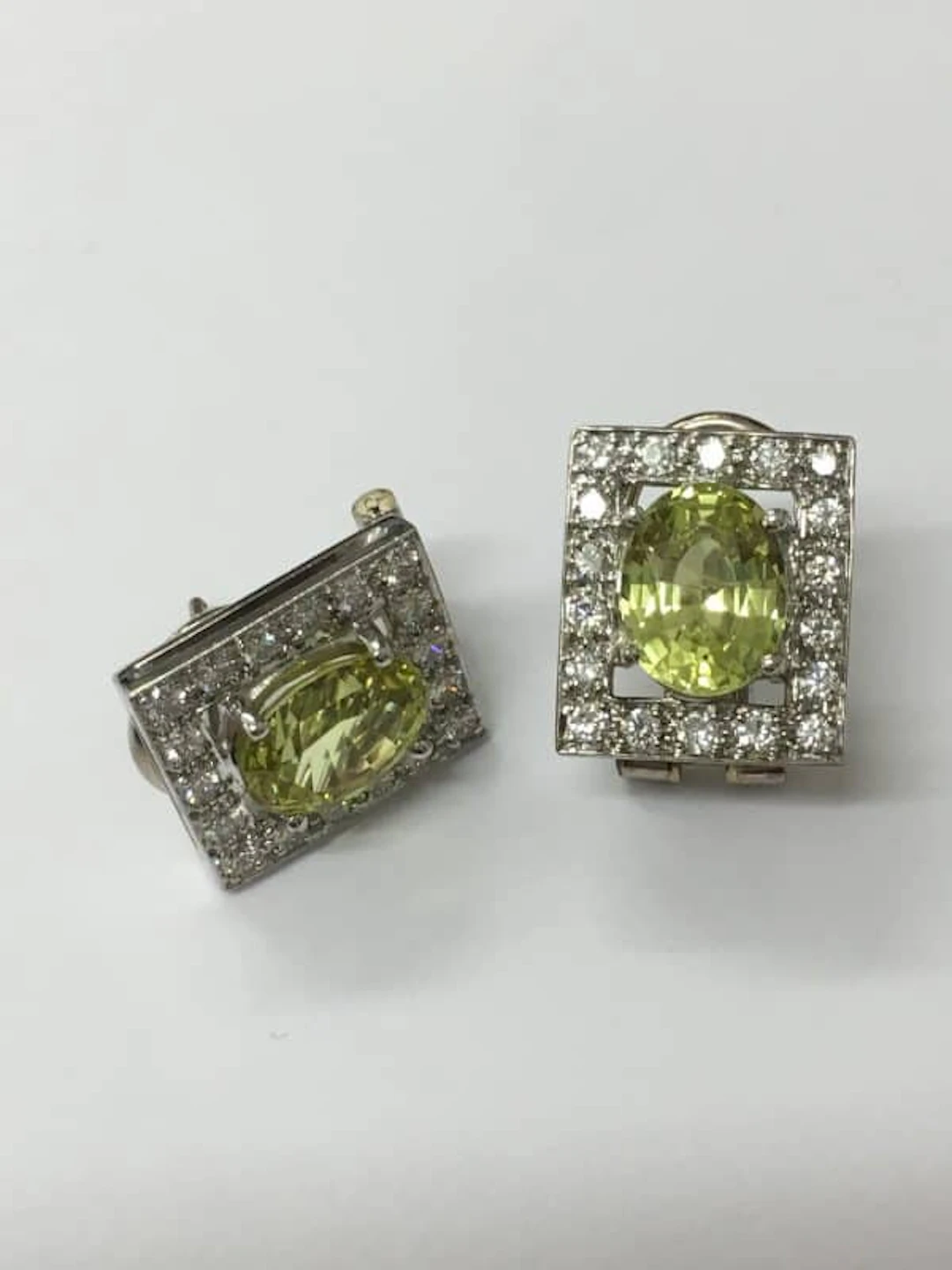 DIAMOND AND CHRYSOBERYL 18CT WHITE GOLD OBLONG EARRINGS