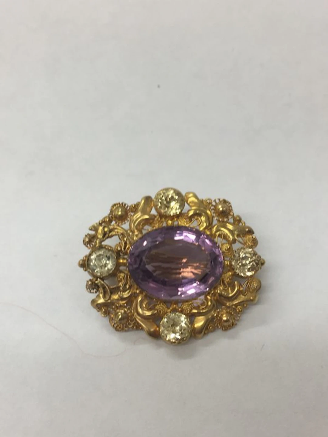 Vintage amethyst & chrysoberyl gold filigree Brooch
