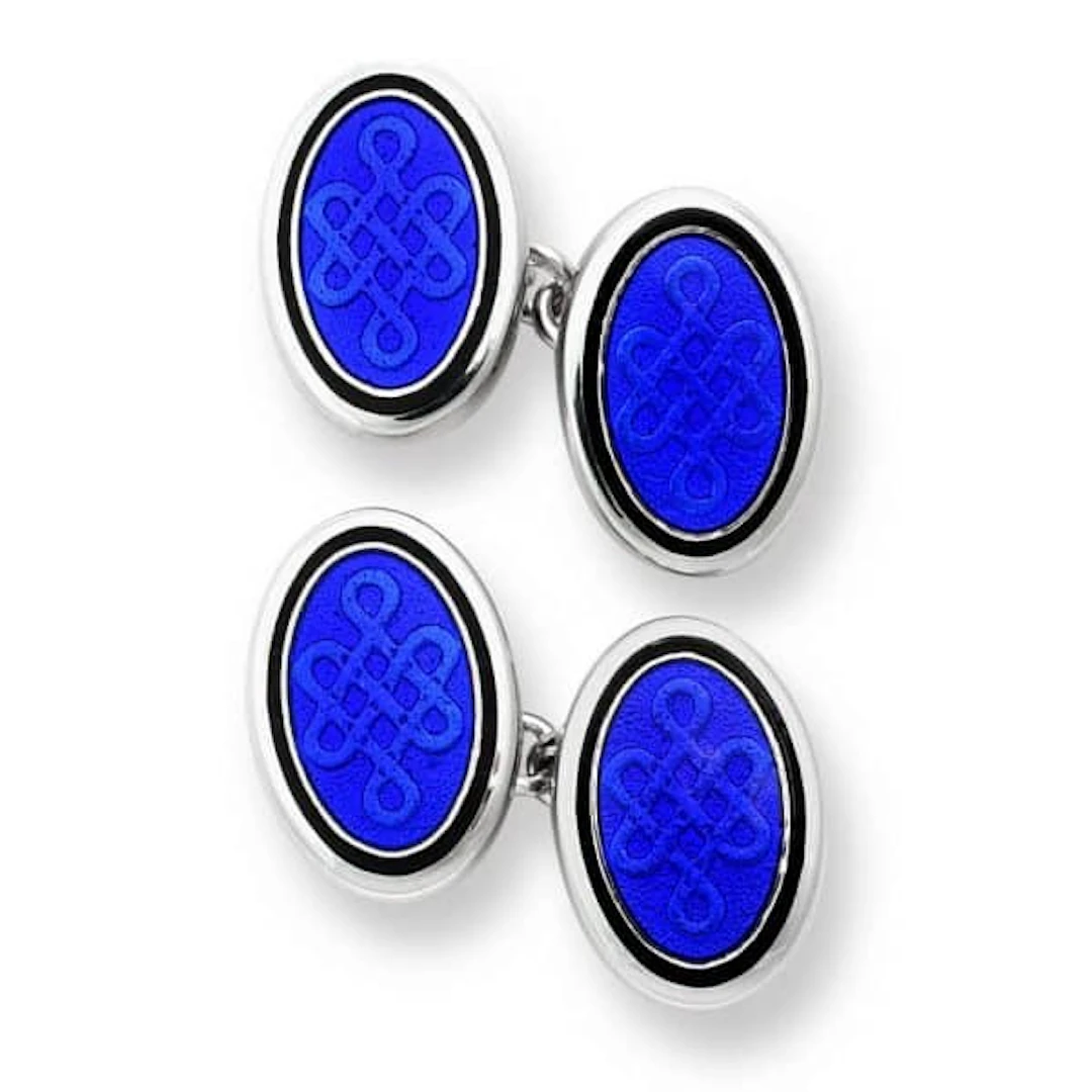 CUFFLINKS SILVER CELTIC BLUE ENAMEL OVAL CHAIN DOUBLE BY NICOLE BARR