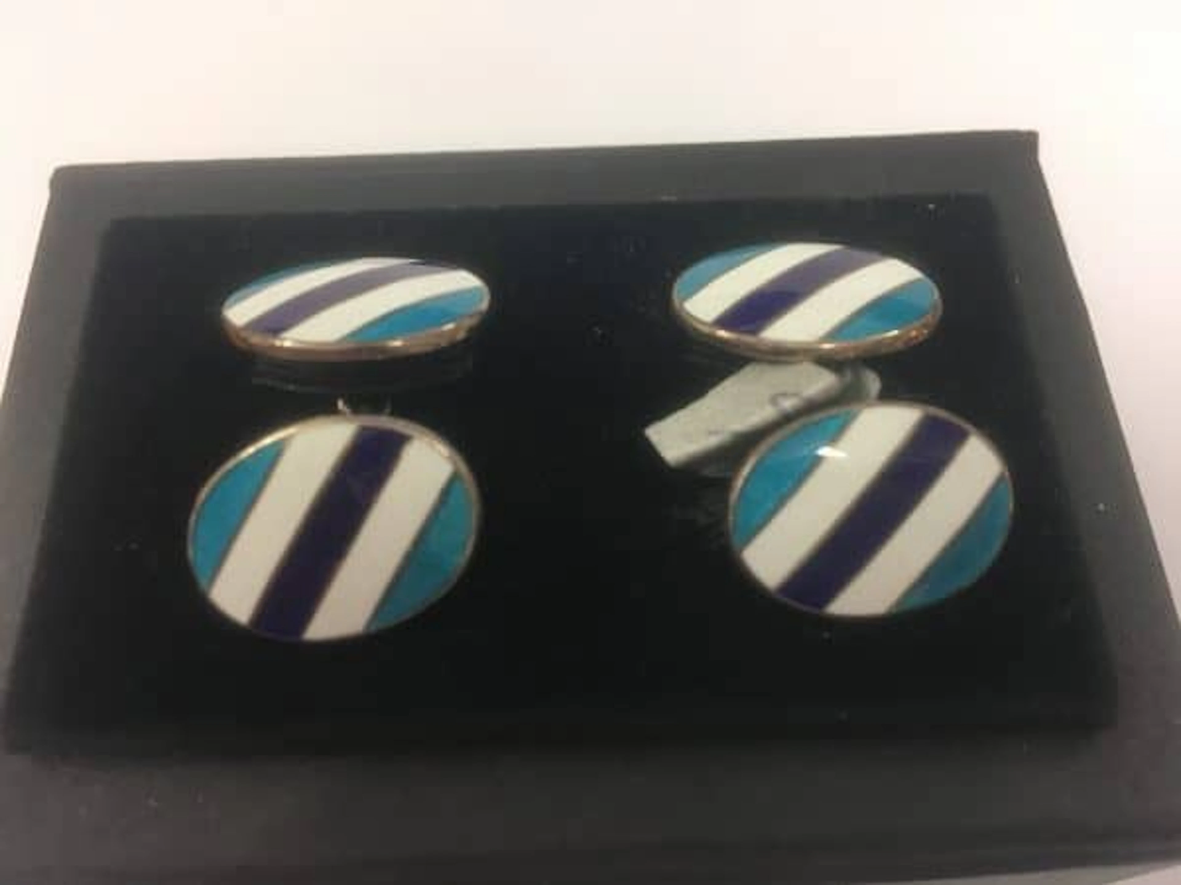 DEAKIN &FRANCIS 2BLUE & WHITE STRIPE ENANEL SILVER CUFFLINKS
