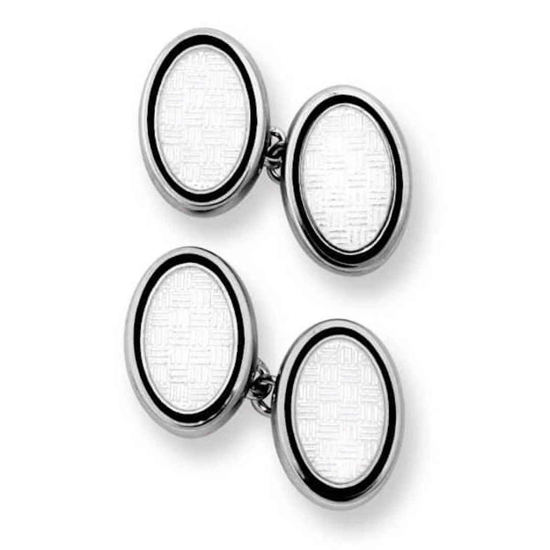 CUFFLINKS DOUBLE OVAL SILVER WHITE ENAMEL CHAIN FITTING BY NICOLE BARR