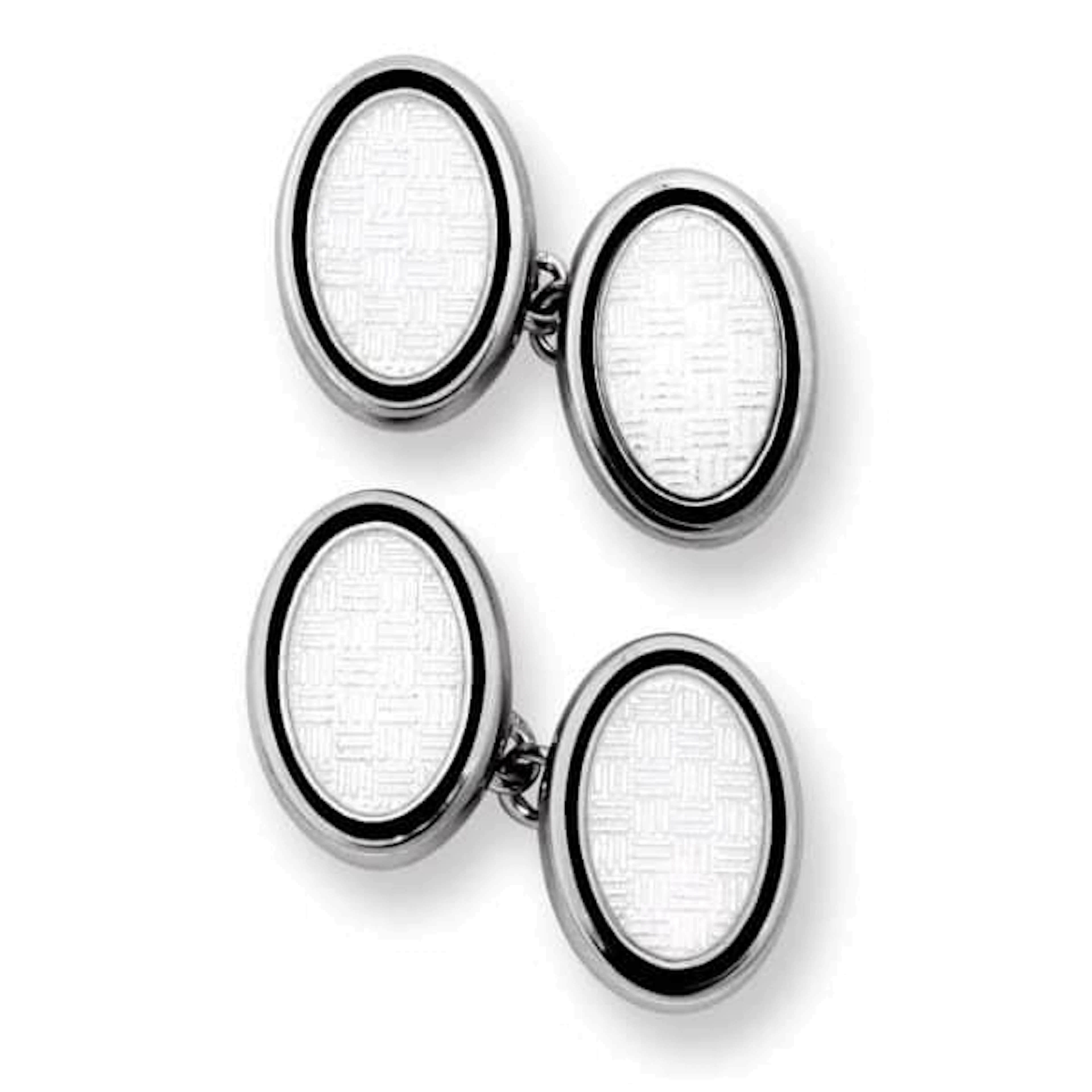 CUFFLINKS DOUBLE OVAL SILVER WHITE ENAMEL CHAIN FITTING BY NICOLE BARR