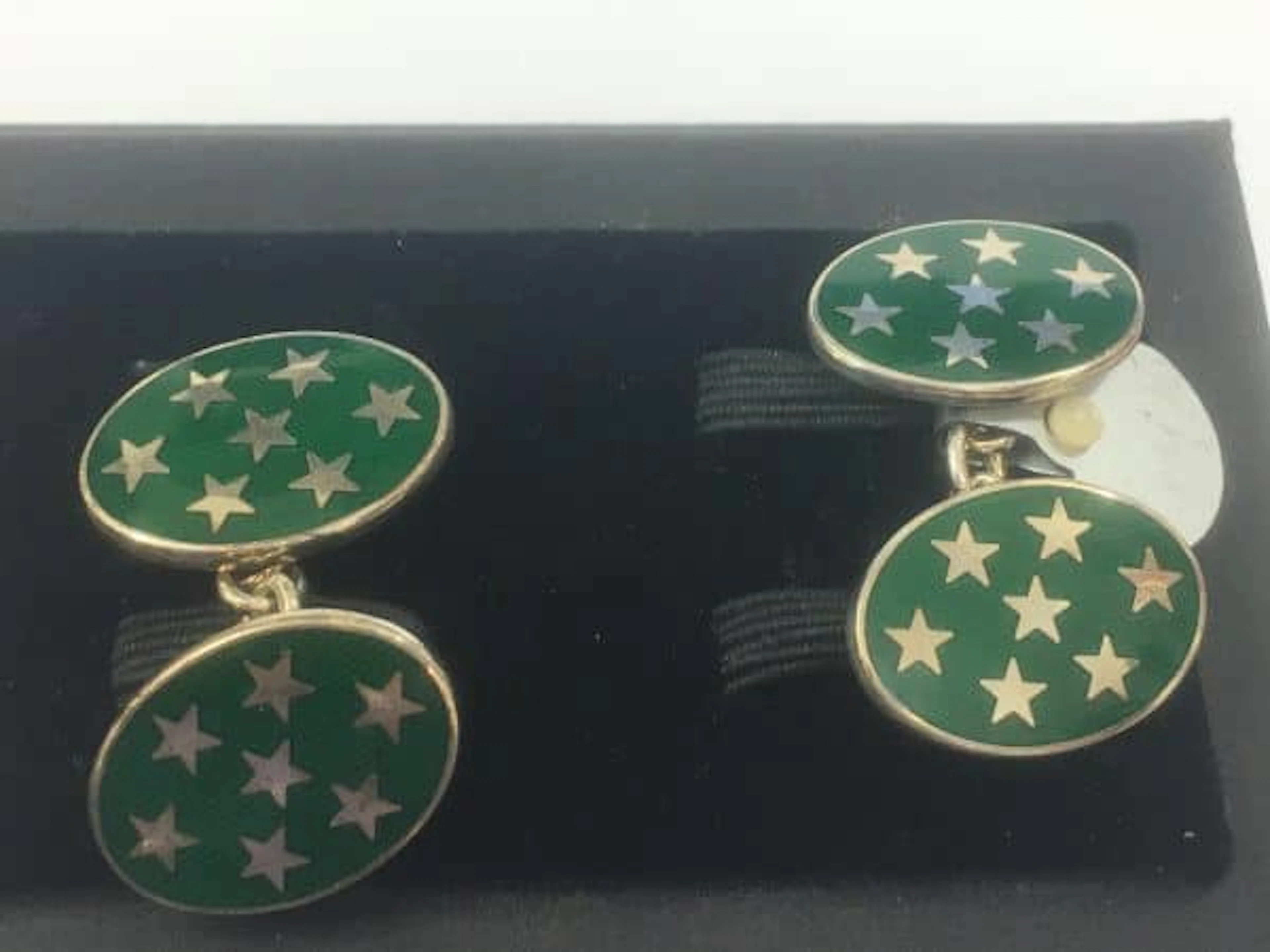 DEAKIN &FRANCIS SILVER DOUBLE CUFFLINKS STARS ON GREEN