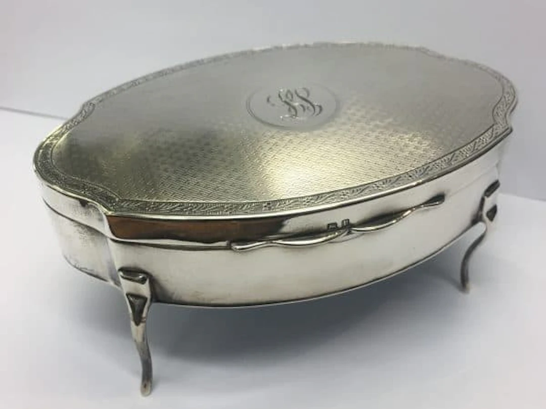SILVER ANITQUE JEWELLERY BOX BY MAPPIN AND WEBB C.1916