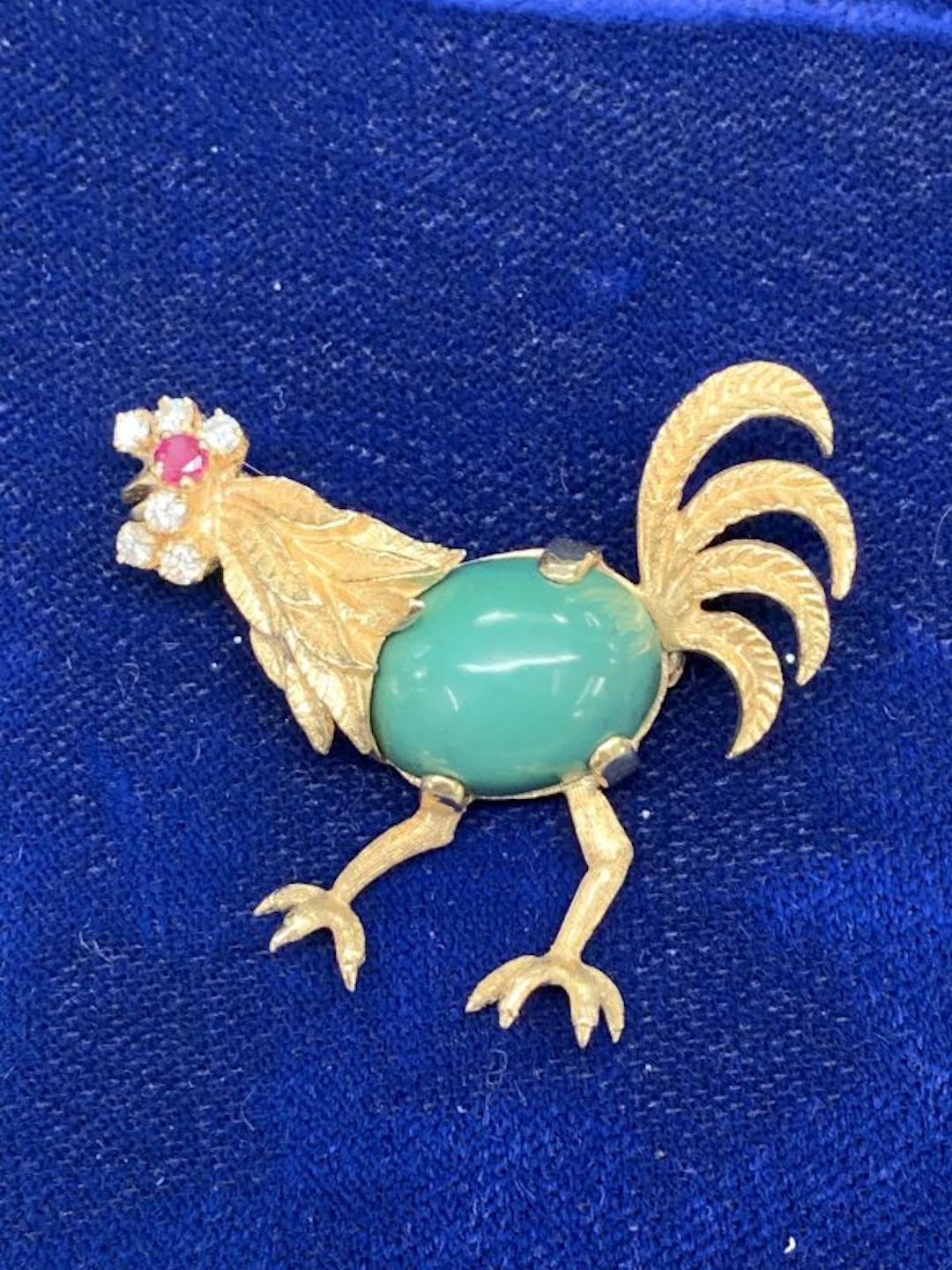 Cockerel Vintage Brooch 14ct Yellow GOLD Turquoise body Ruby and Diamonds
