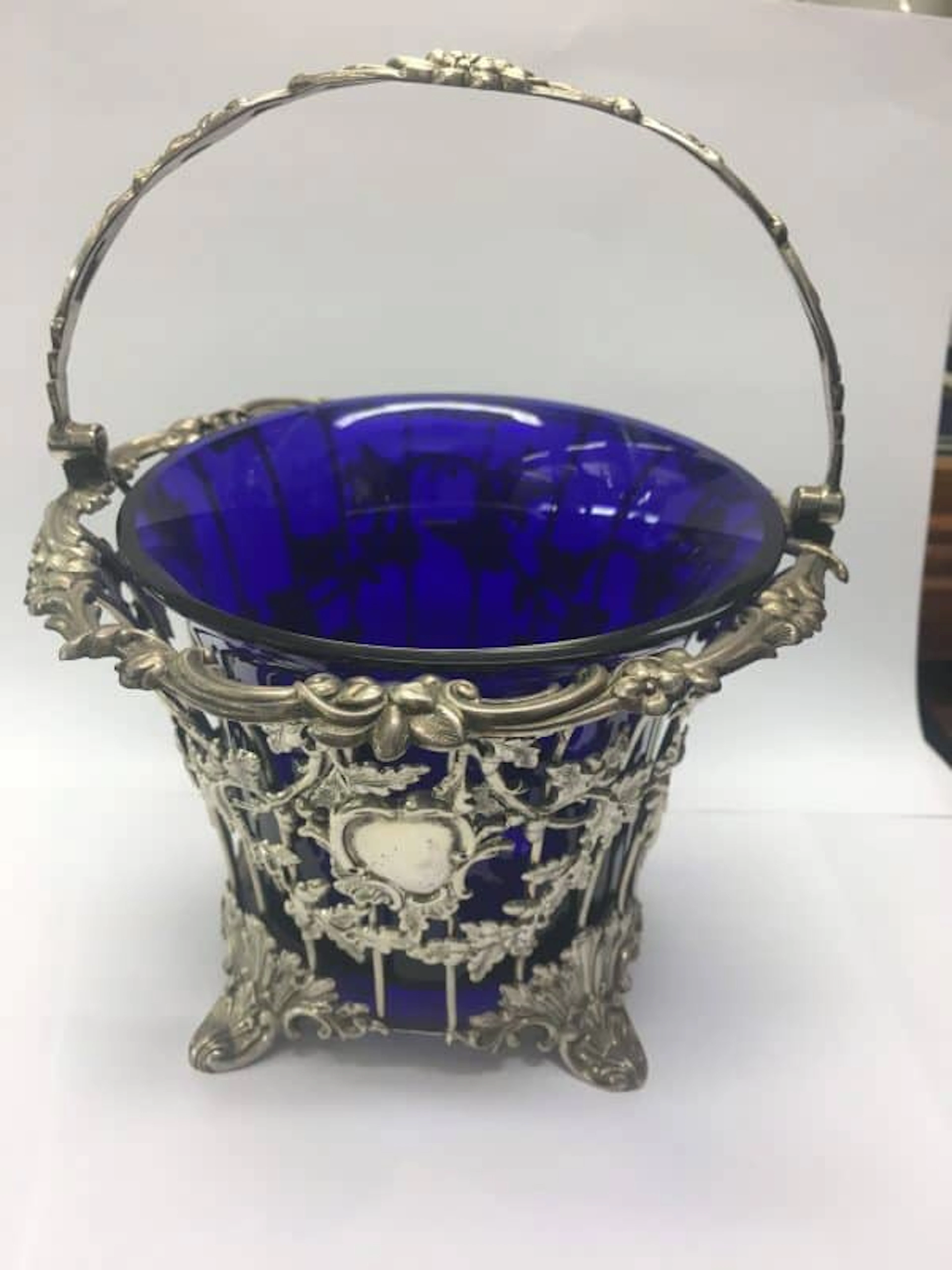 SILVER ANTIQUE STRAWBERRY BASKET BLUE GLASS VICTORIAN C.1844