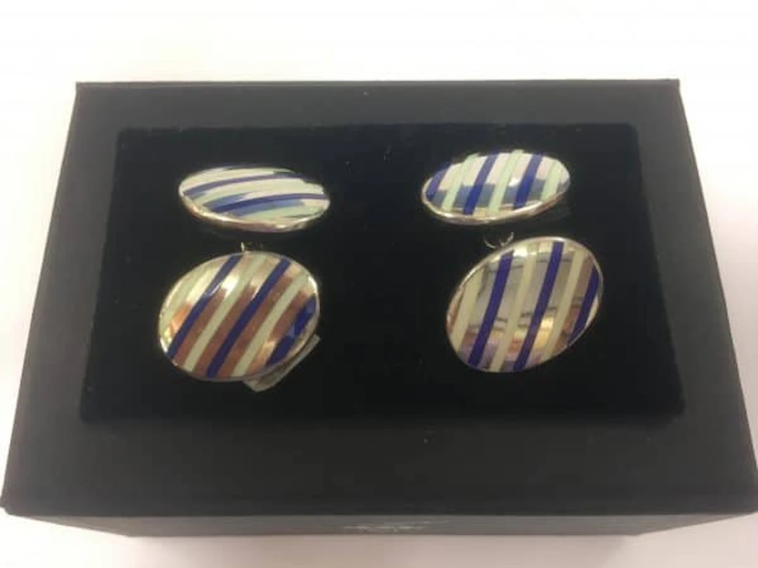 DEAKIN & FRANCIS SILVER DOUBLE CUFFLINKS OVAL THIN BLUE AND WHIE STRIPE ENAMEL