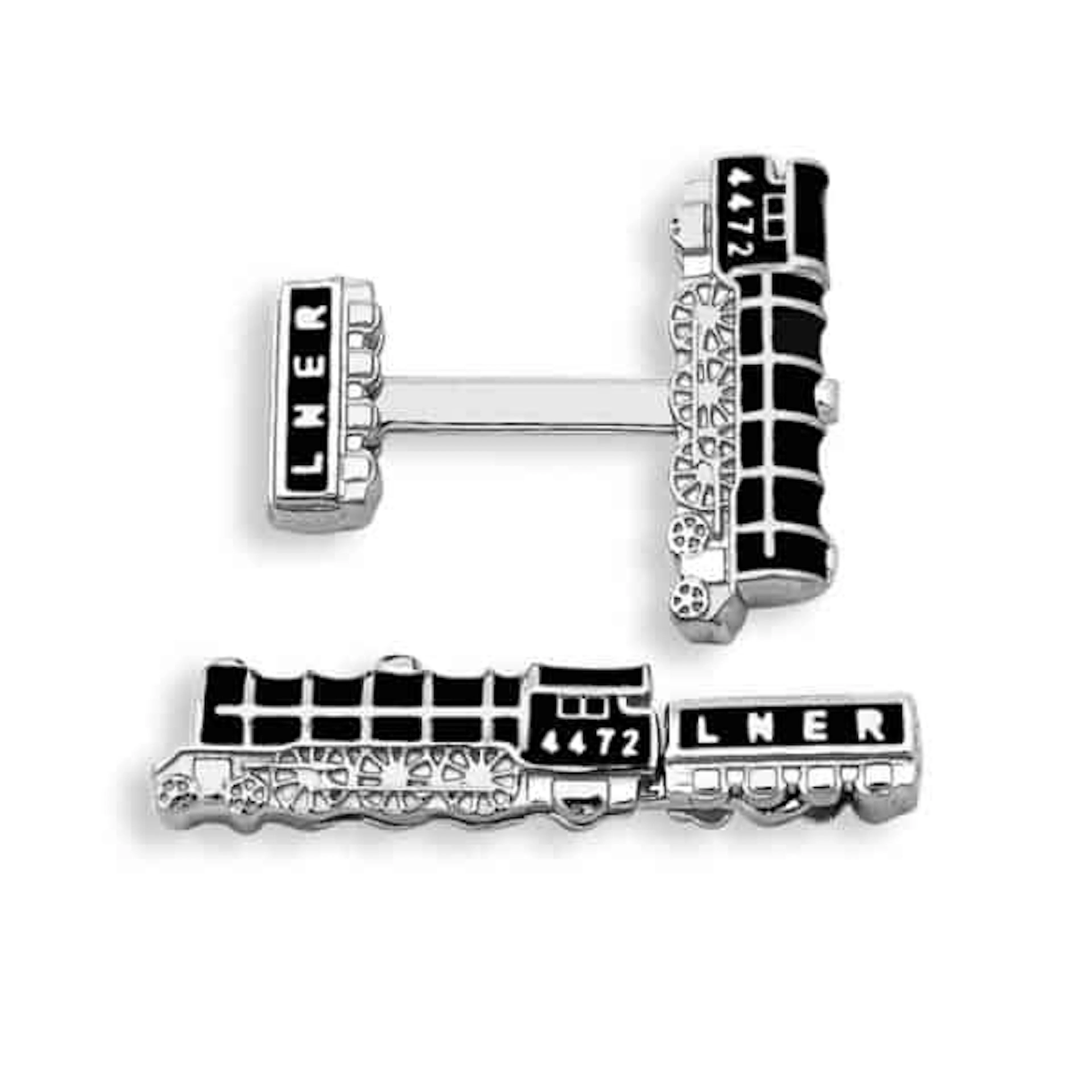 CUFFLINKS SILVER TRAINS BLACK ENAMEL T-BAR BY NICOLE BARR