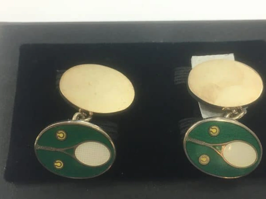 DEAKIN & FRANCIS SILVER ENAMEL TENNIS CUFFLINKS