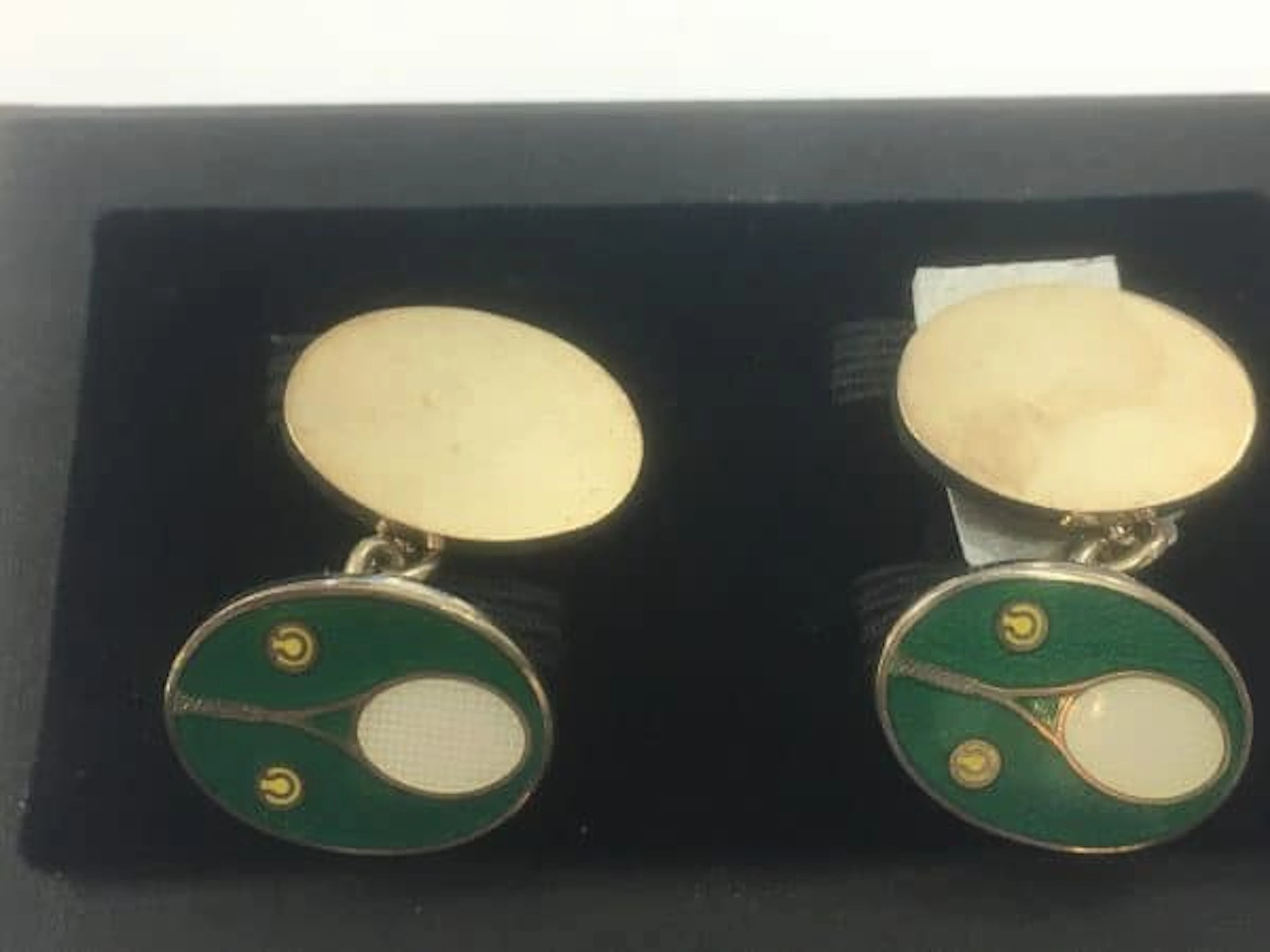 DEAKIN & FRANCIS SILVER ENAMEL TENNIS CUFFLINKS