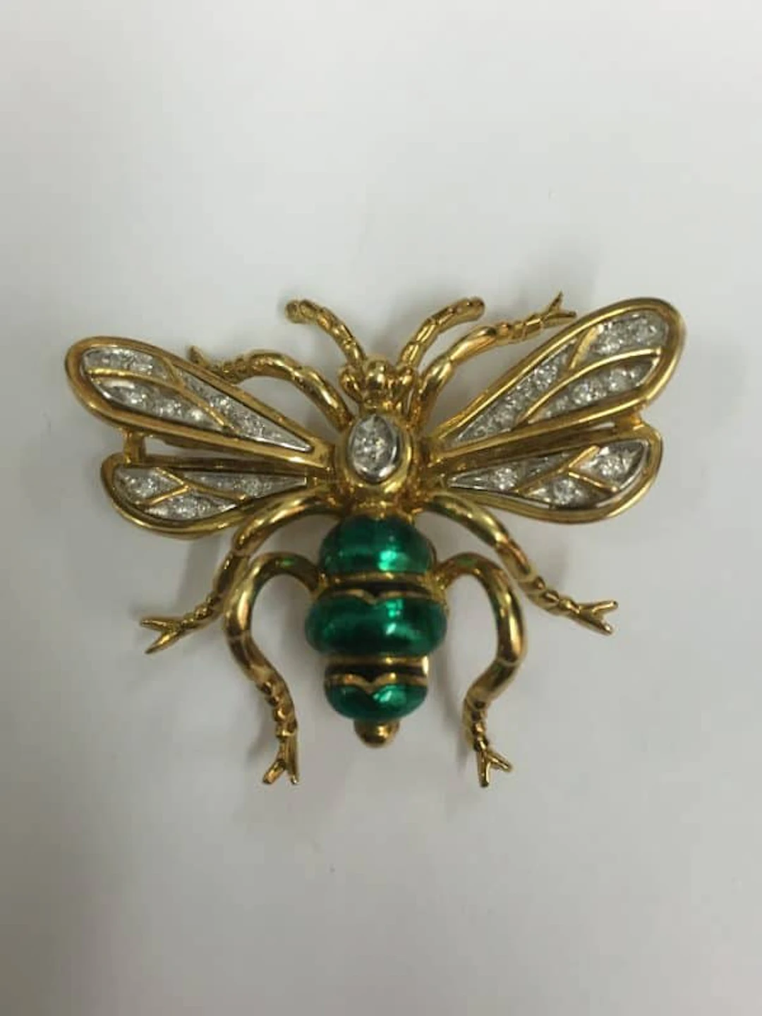 Vintage Bug Brooch Gold Diamond Green Enamel