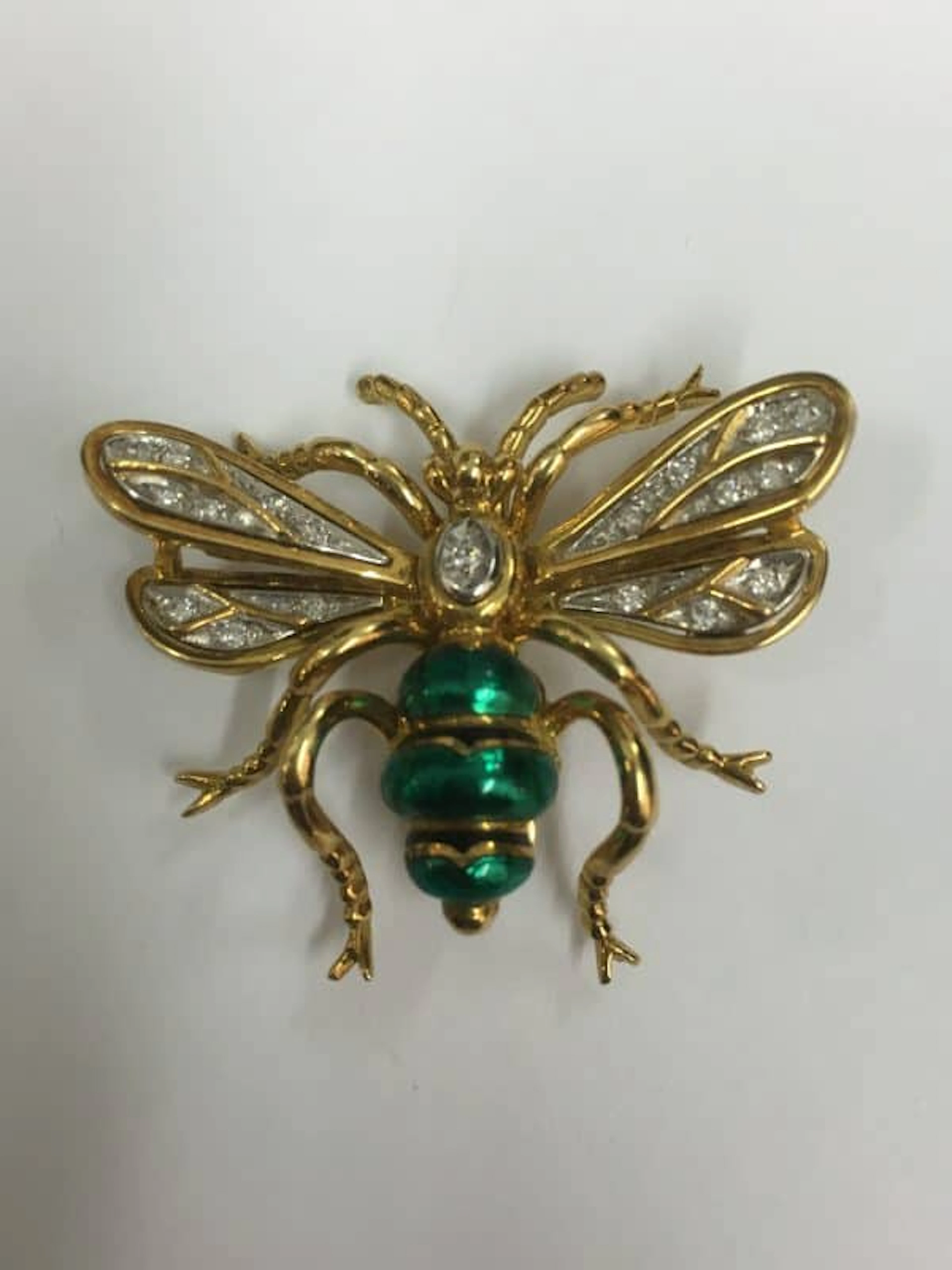 Vintage Bug Brooch Gold Diamond Green Enamel