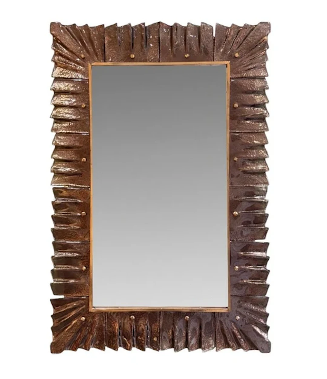 A stunning Italian bronze Murano glass framed mirror with brass inner frame