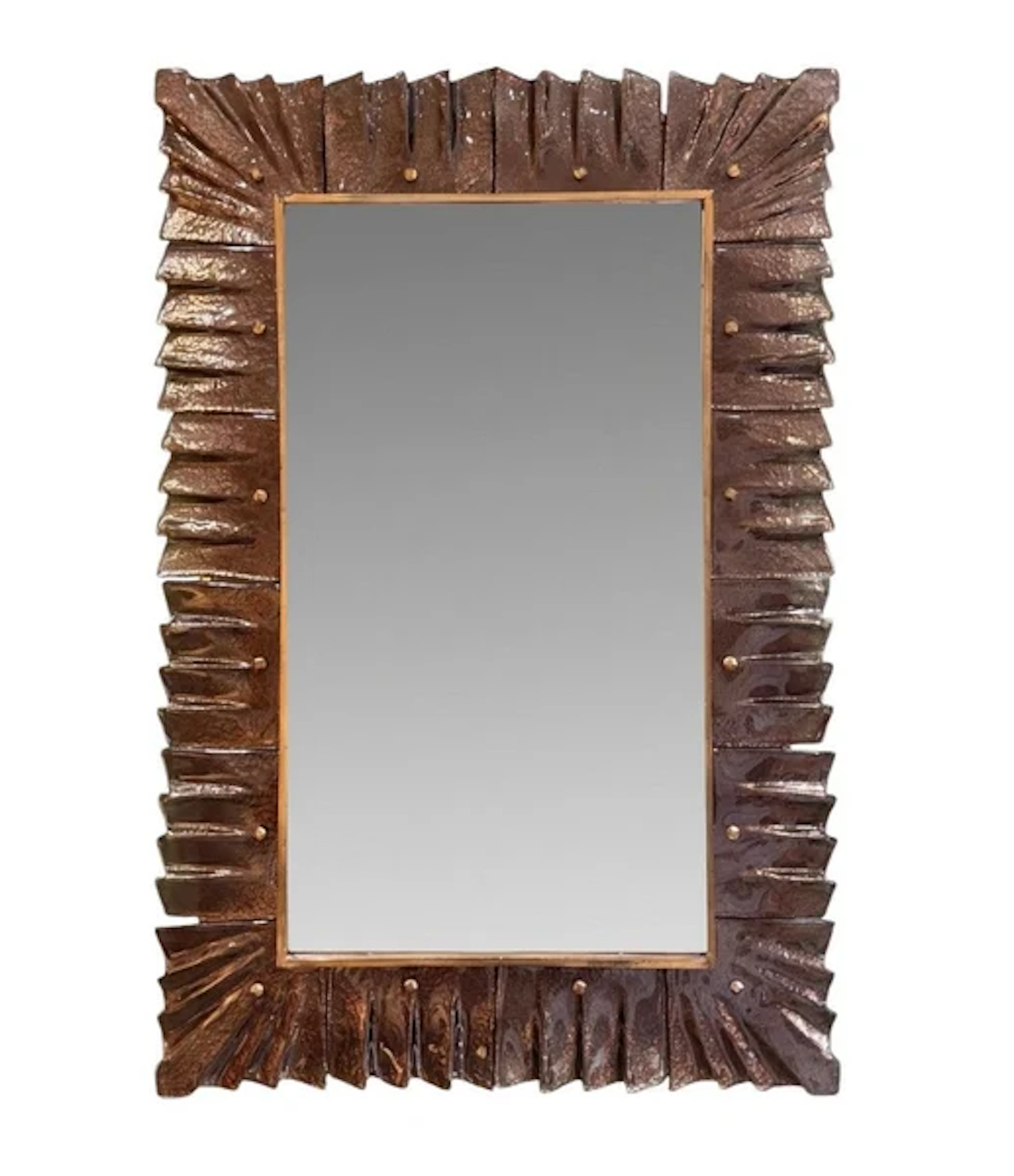 A stunning Italian bronze Murano glass framed mirror with brass inner frame