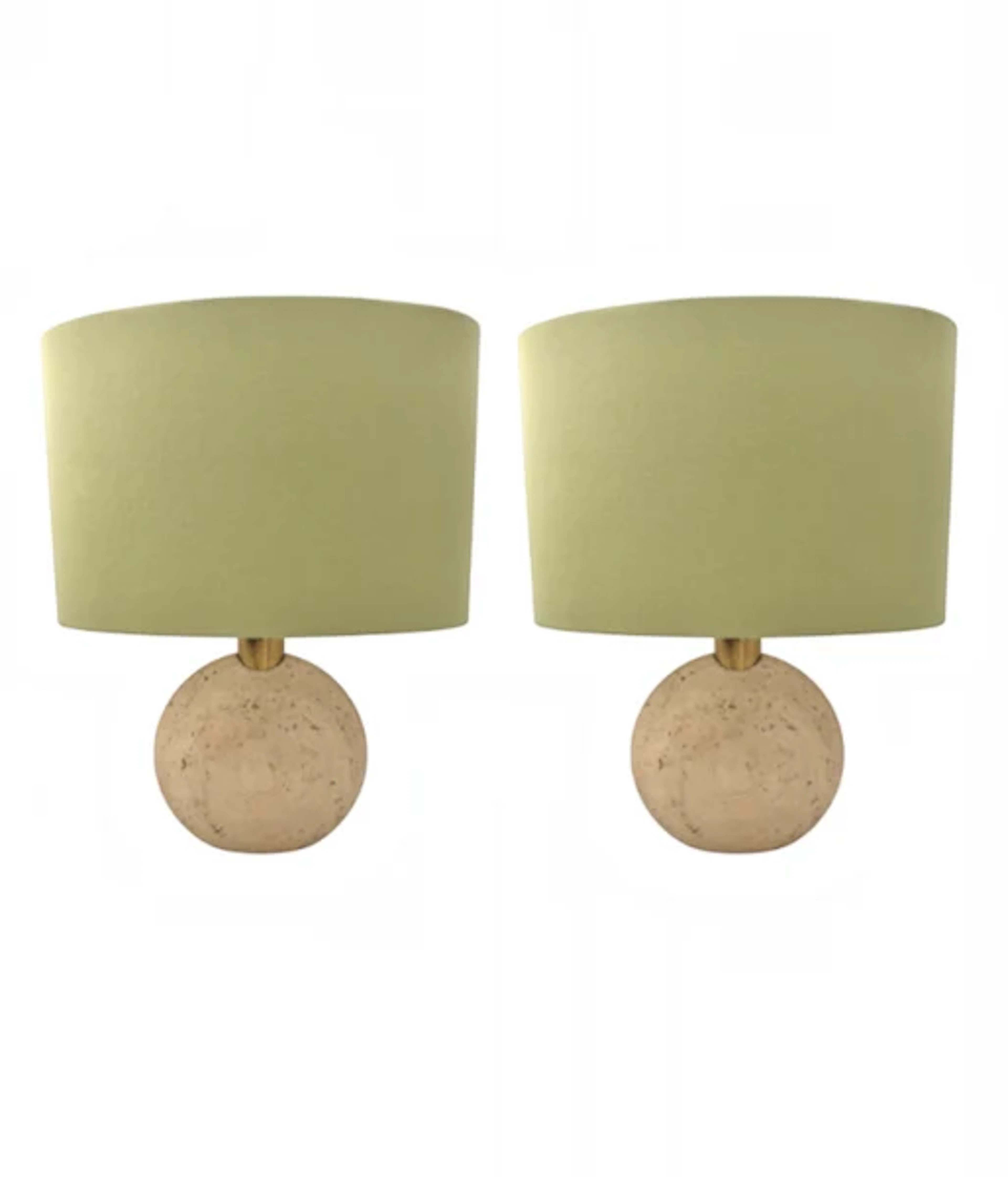 A pair of circular Italian 1970s travertine and brass lamps by Frattelli