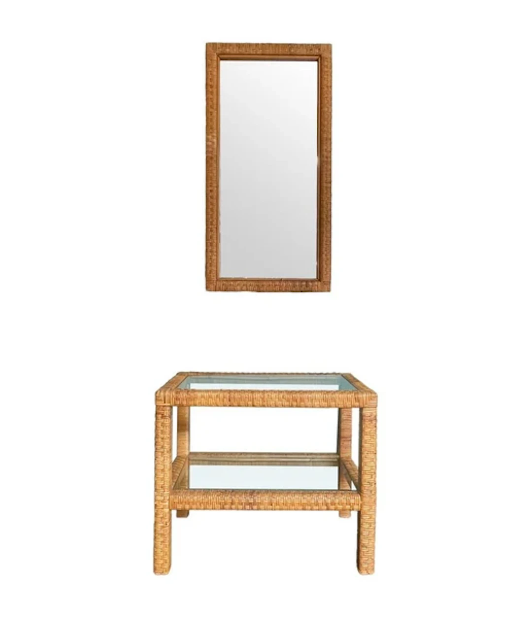 A 1970s Italian woven rattan mirror with matching console table