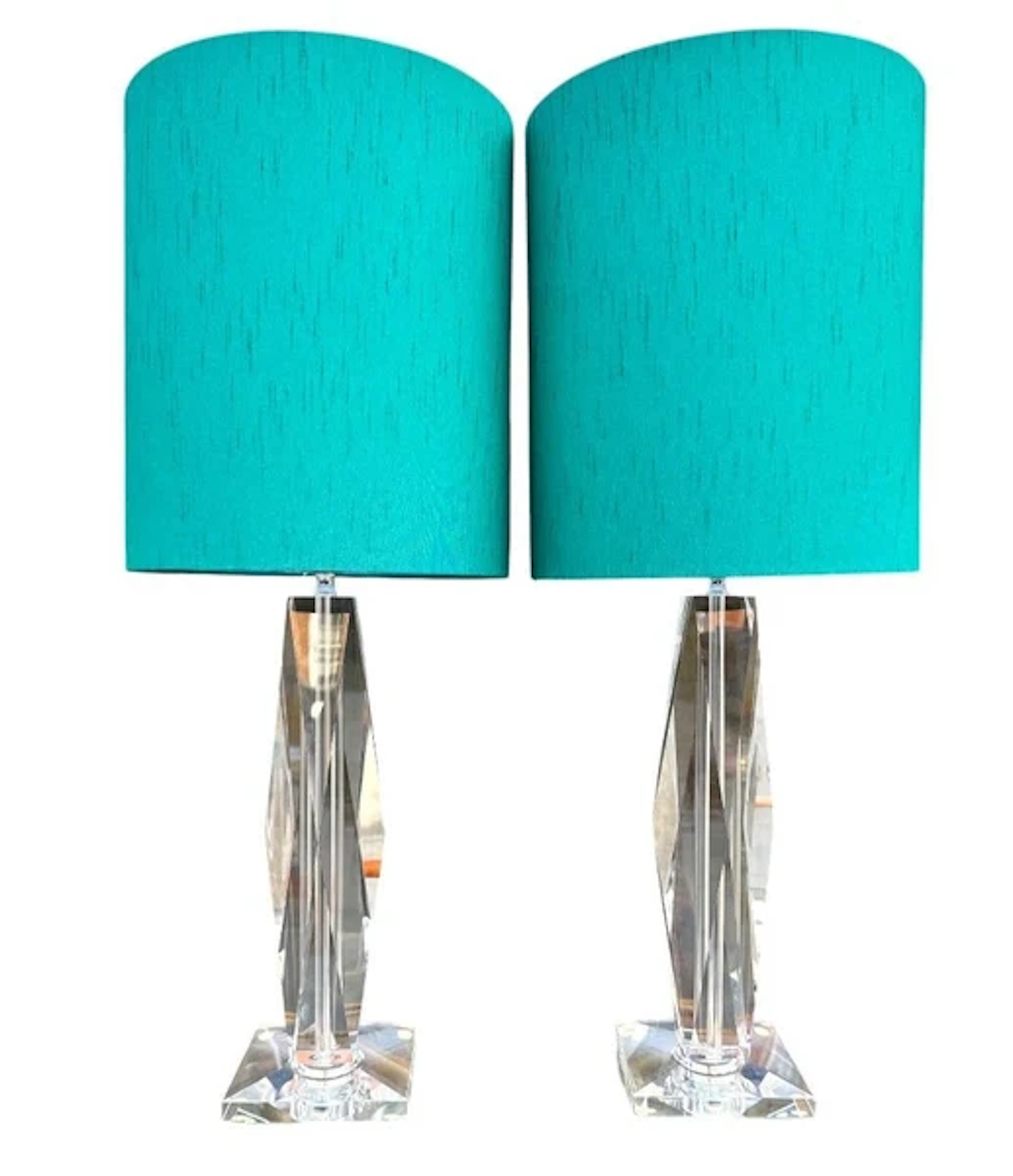 A pair of French 1970s faceted crystal lamps with chrome fittings