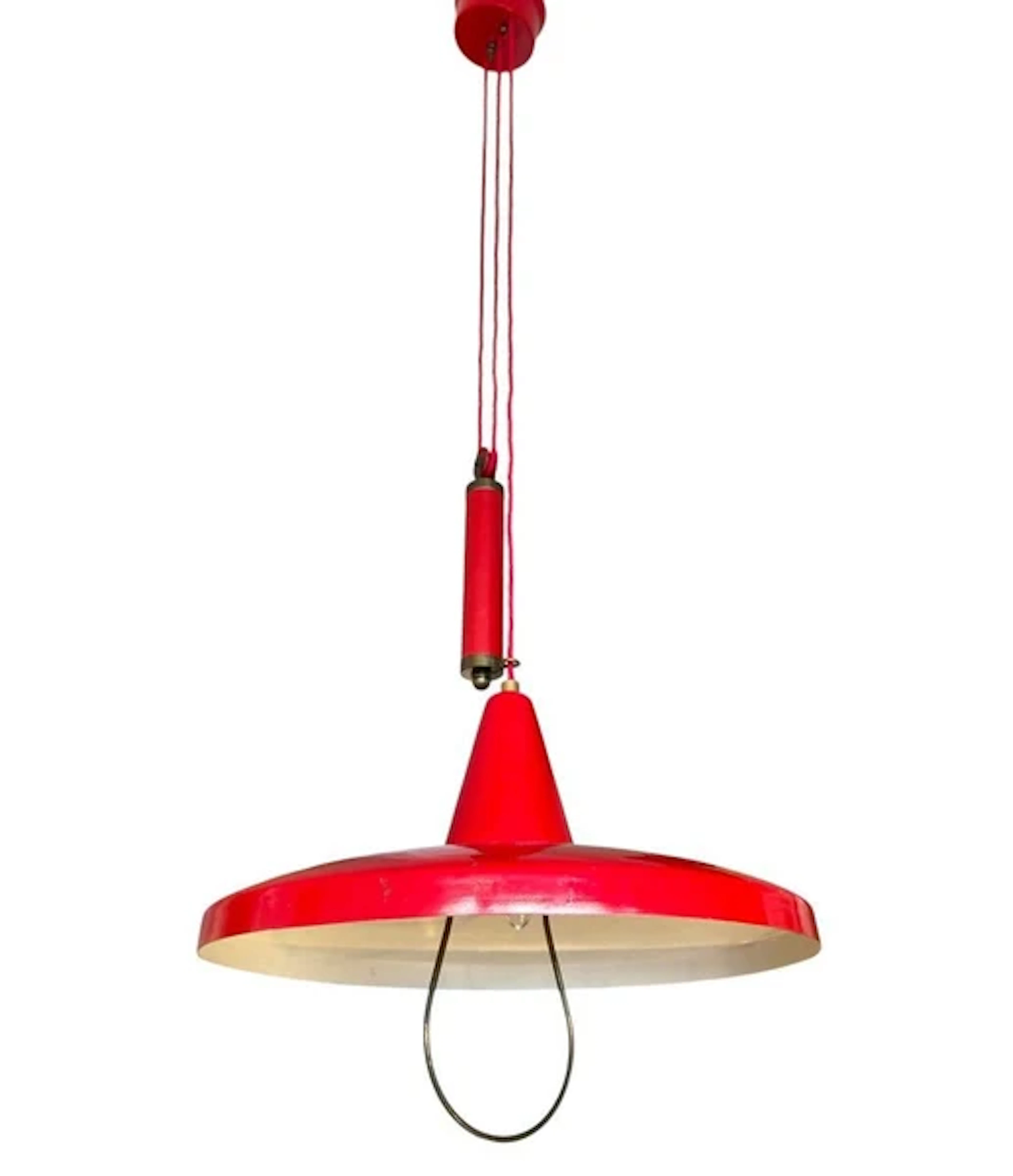 A1950s Stilnovo red enamel adjustable ceiling light with red counterweight