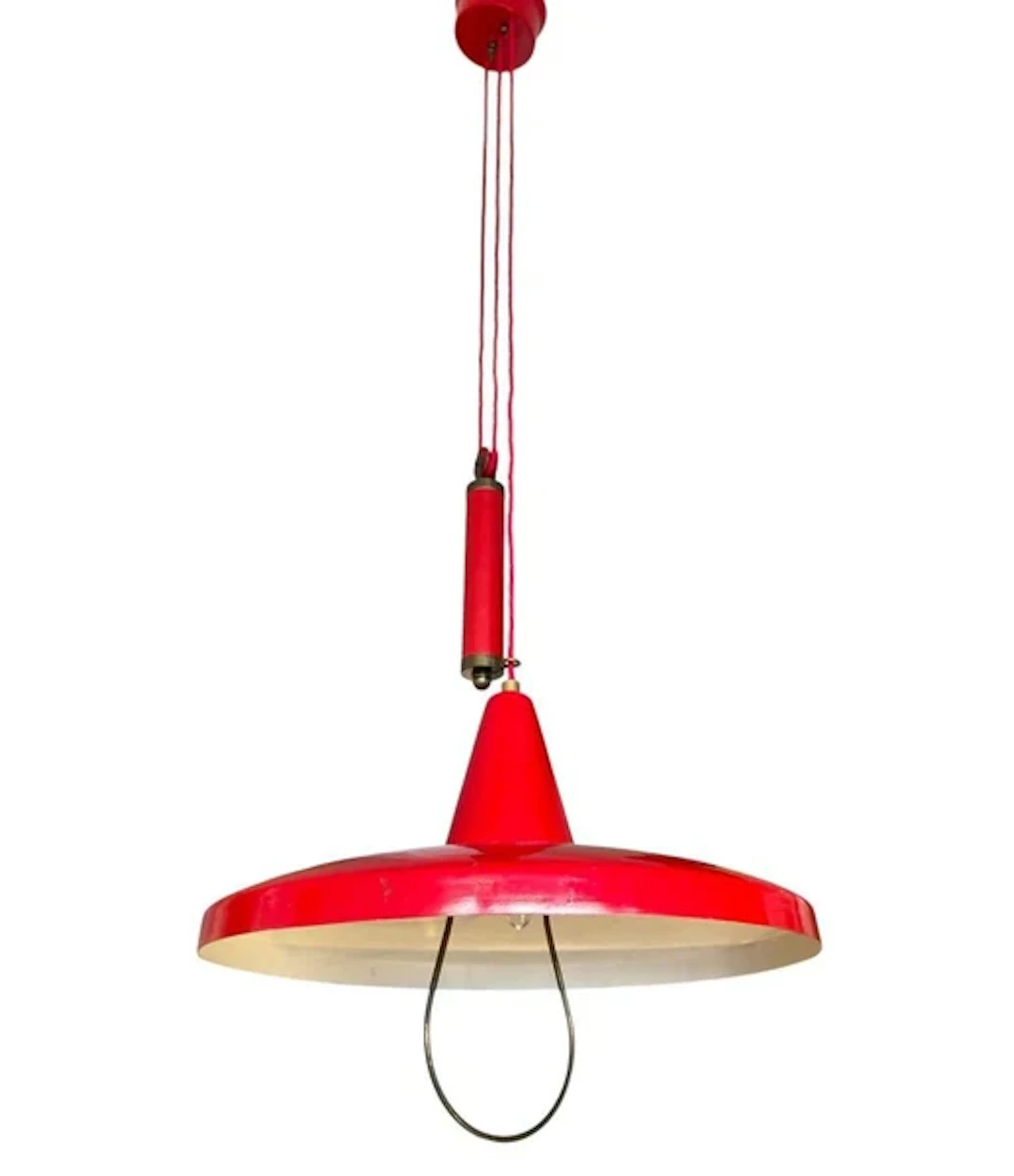A1950s Stilnovo red enamel adjustable ceiling light with red counterweight