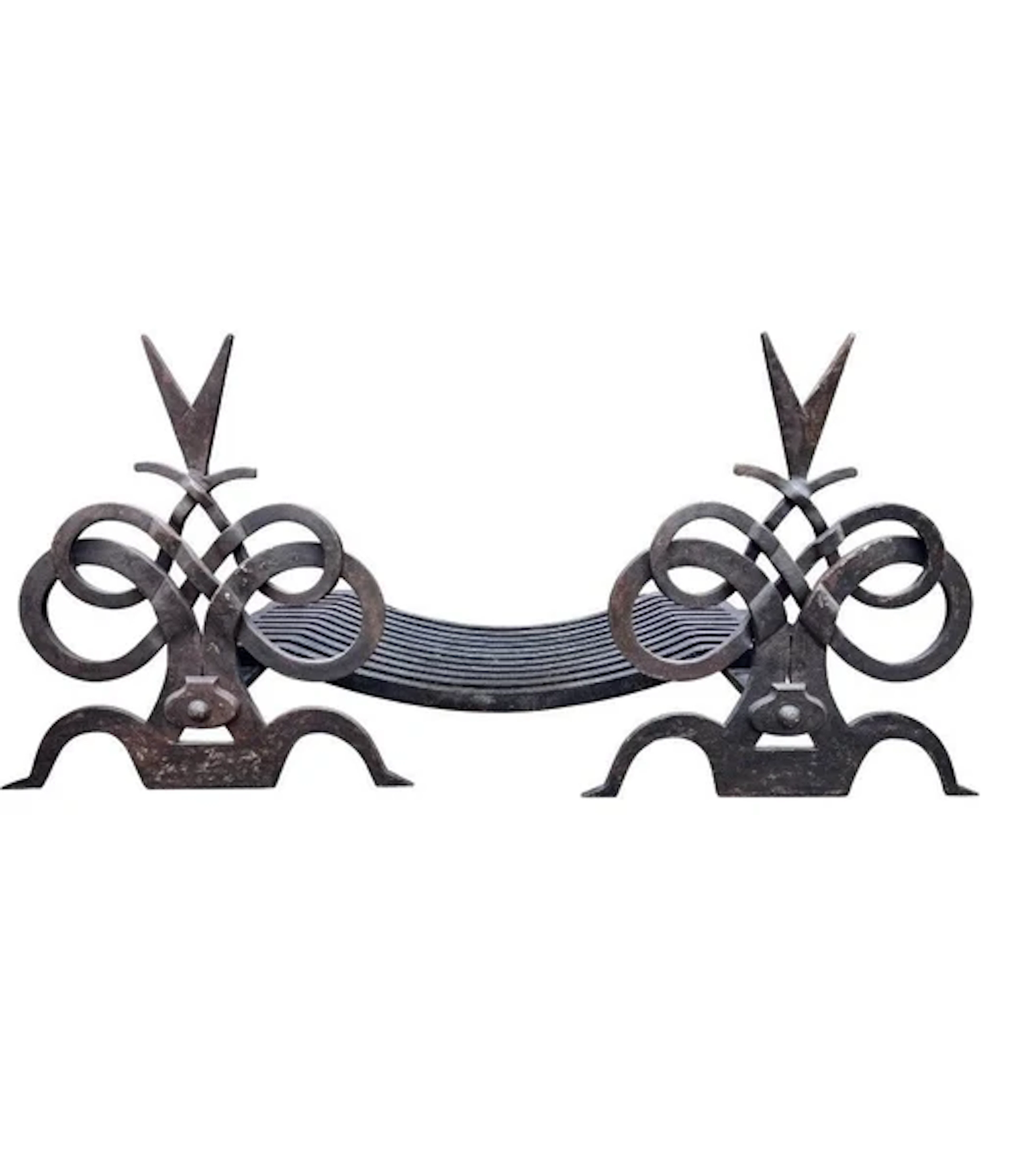 A pair of French hand forged wrought iron fire dogs in the style of