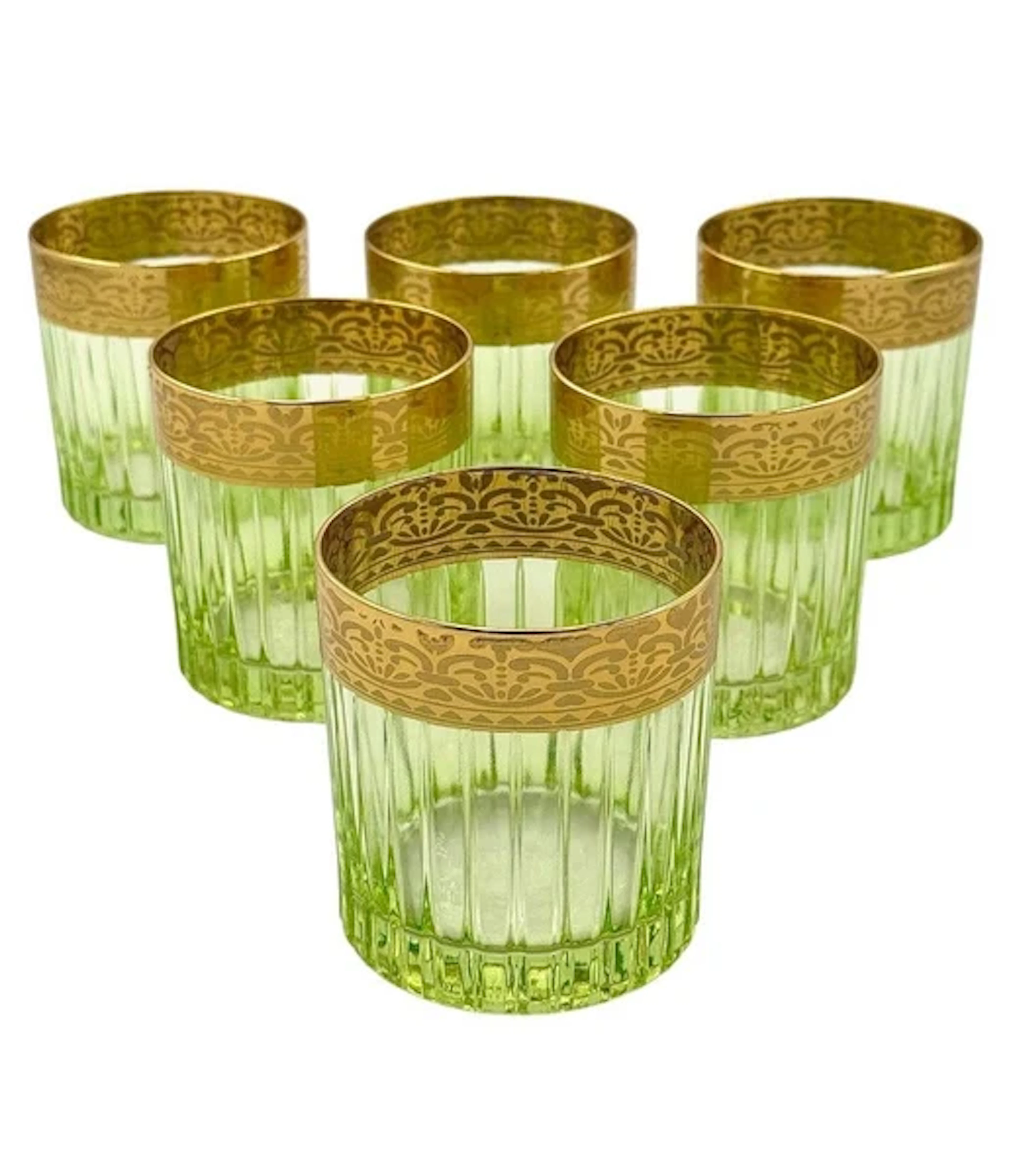 A set of six Italian Artemisia green crystal tumblers with 24 ct gold