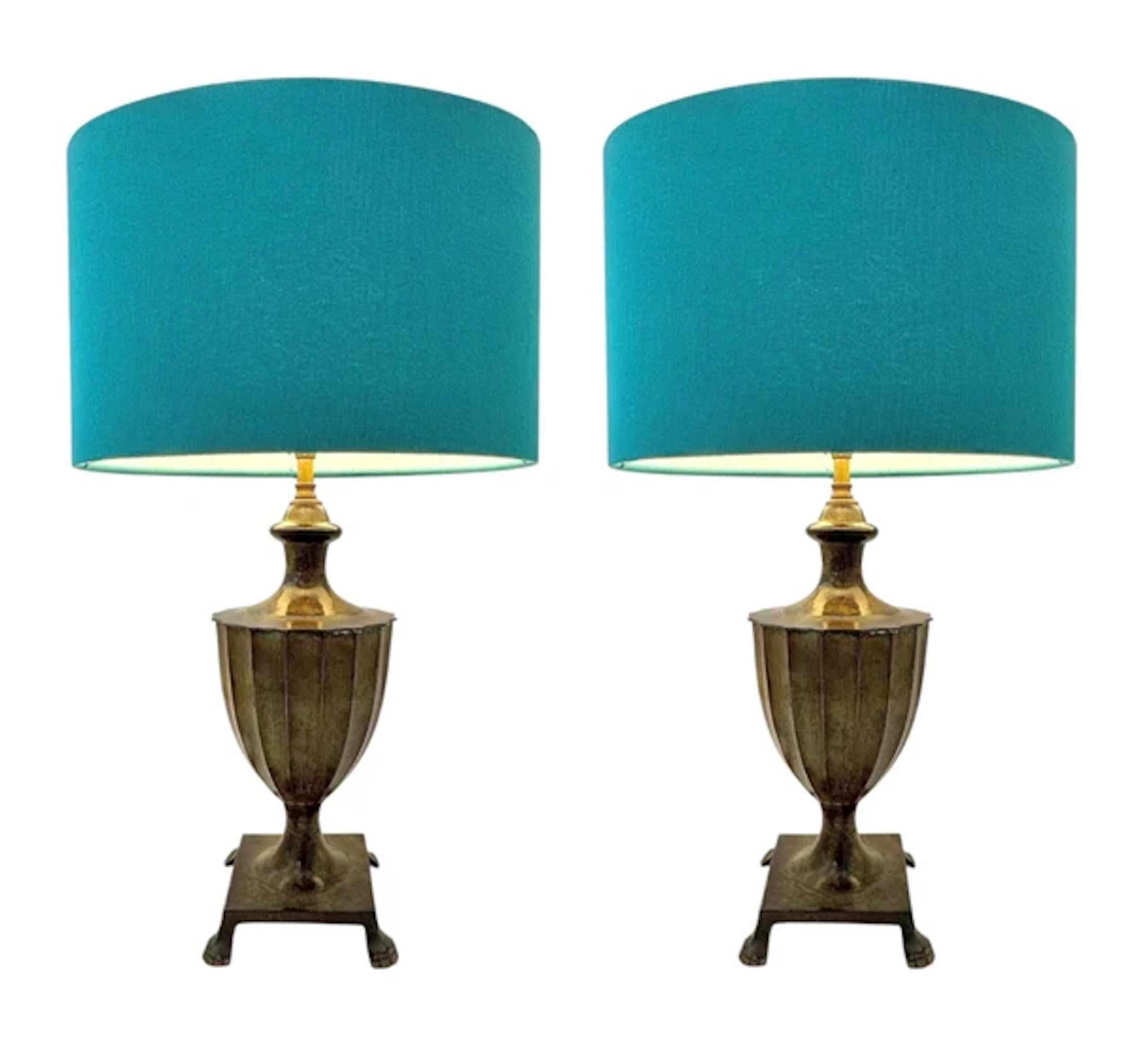 A pair of 1970s classical cast bronze lamps with verdigris finish and paw feet