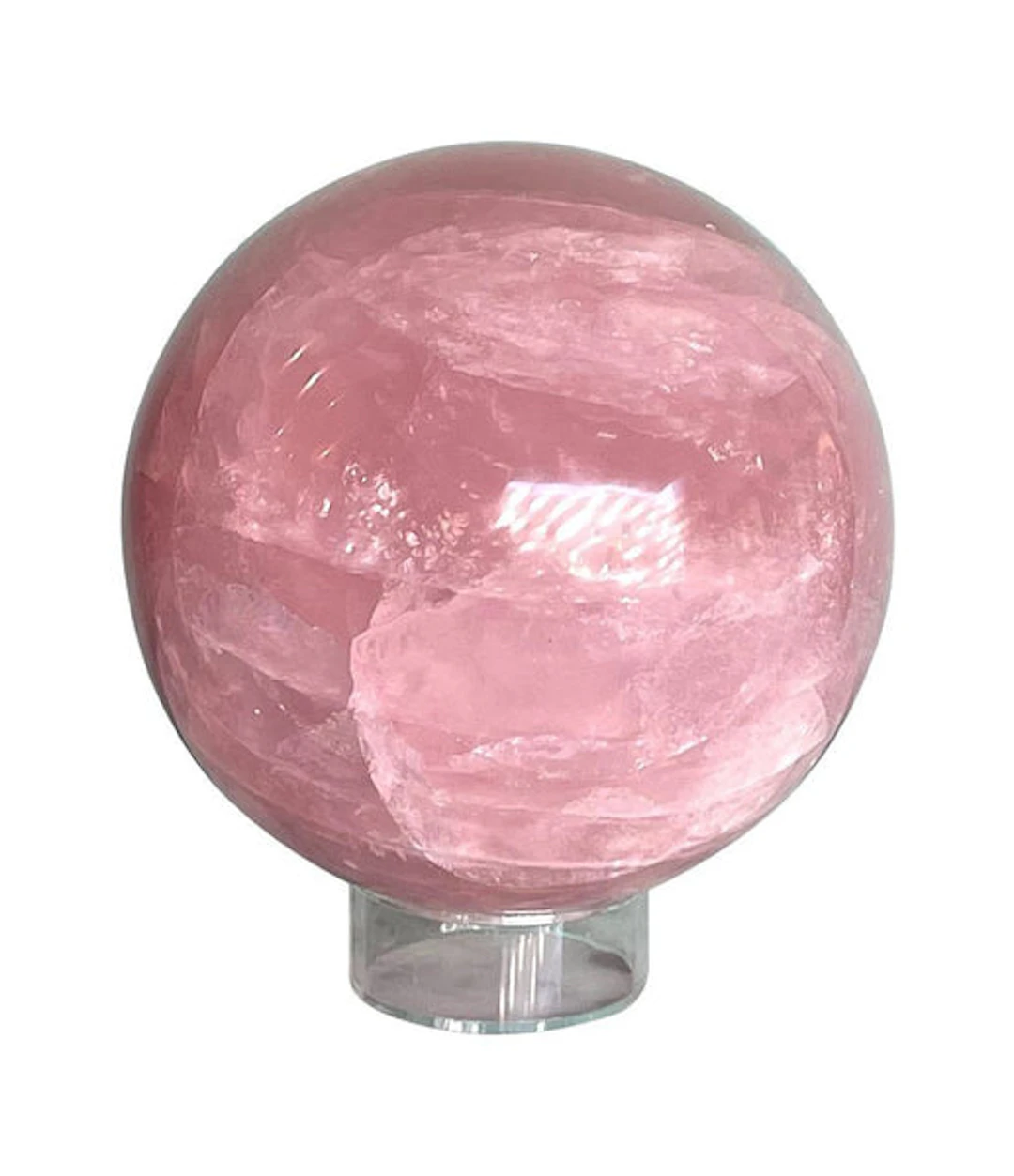 A beautiful Rose quartz polished sphere from Madagascar on acrylic stand