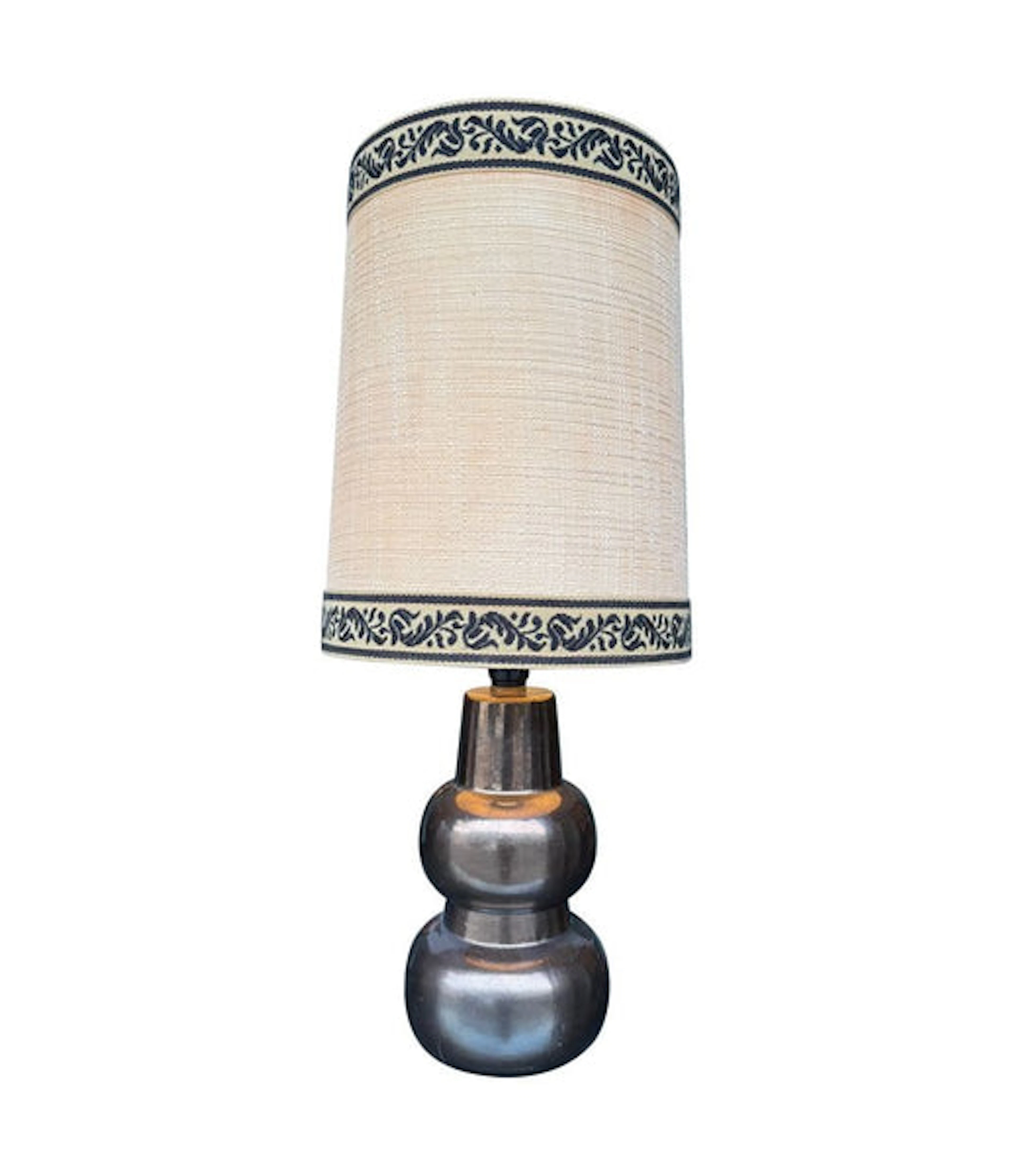 A 1960s French ceramic lamp with orignal hessian shade