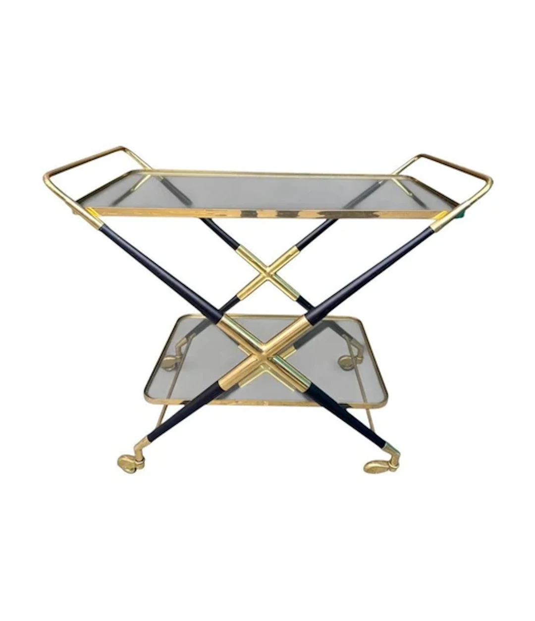 An Italian 1950s black lacquer and brass bar trolley by Cesare Lacca