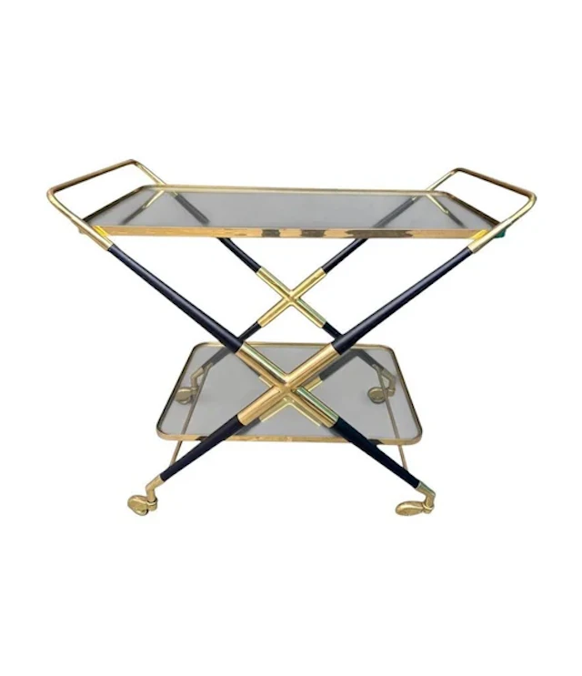 An Italian 1950s black lacquer and brass bar trolley by Cesare Lacca