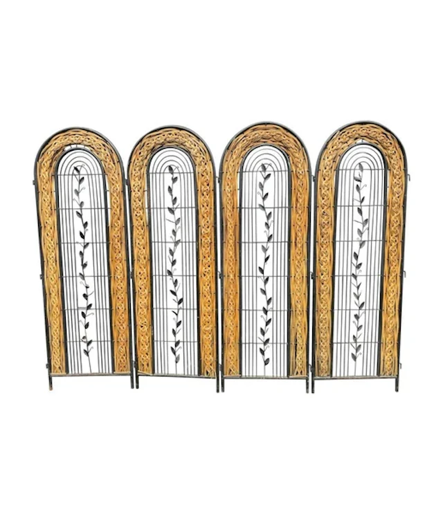 A 1970s French woven rattan and metal four panelled room divider screen