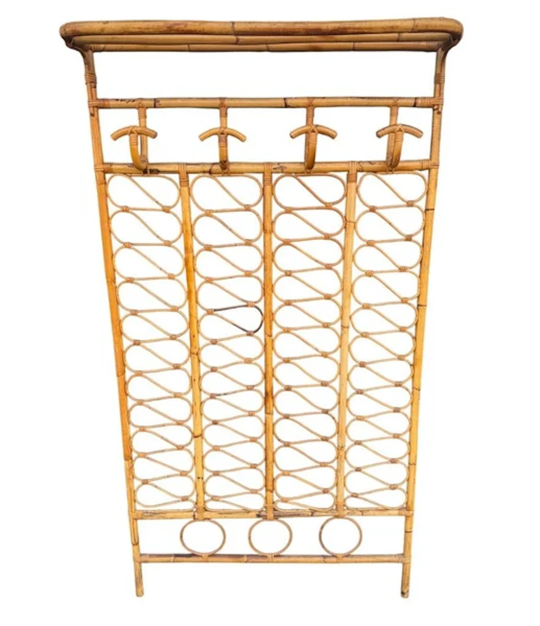 An Italian 1970s full length bamboo coat and hat rack with top shelf.