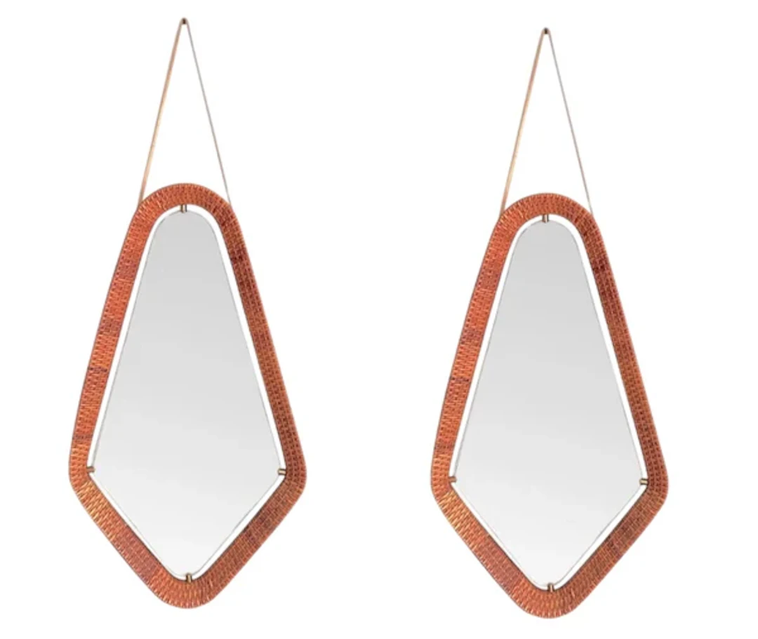 An unusual pair of Italian 1950s diamond shaped, woven rattan and