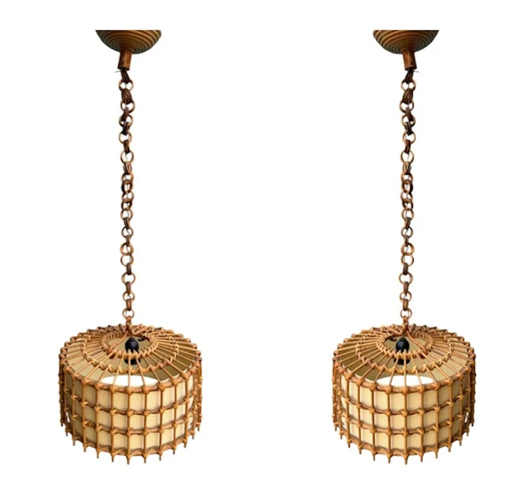 A pair of 1960s French bamboo ceiling lights by Louis Sognot with