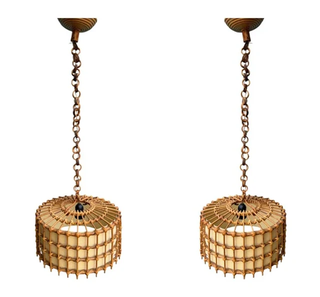 A pair of 1960s French bamboo ceiling lights by Louis Sognot with