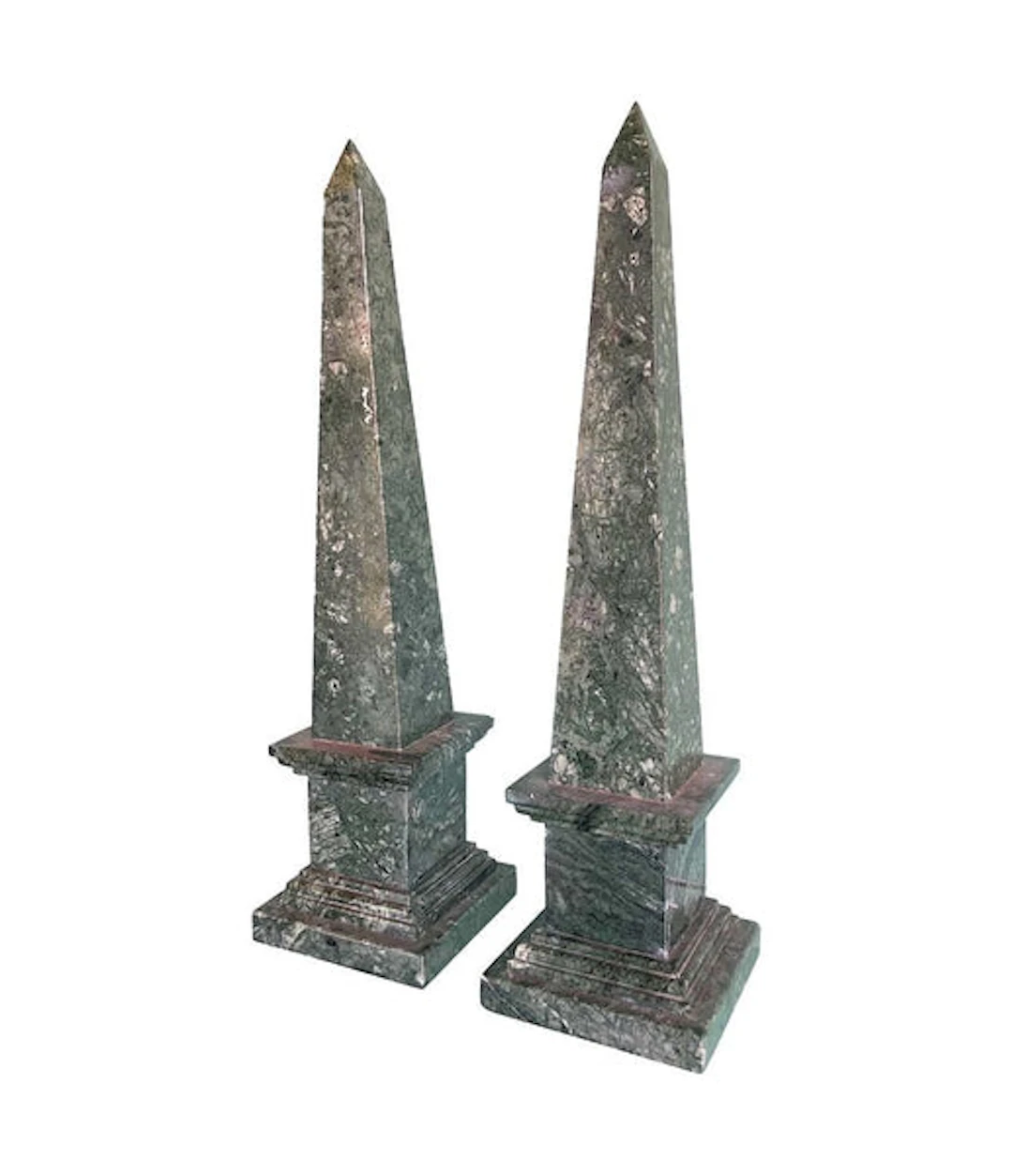 A pair of Italian Verde Indio green marble obelisks
