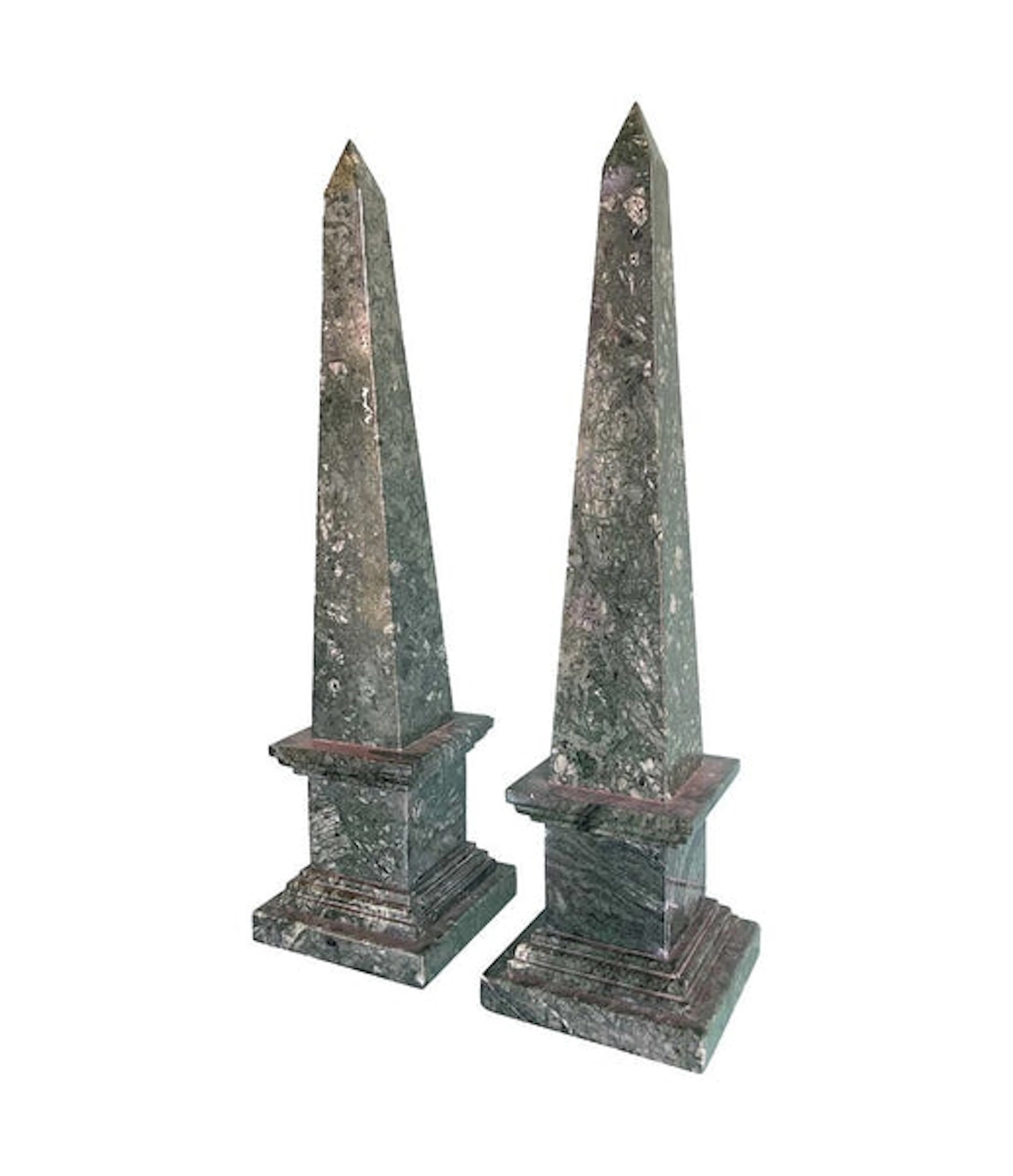 A pair of Italian Verde Indio green marble obelisks