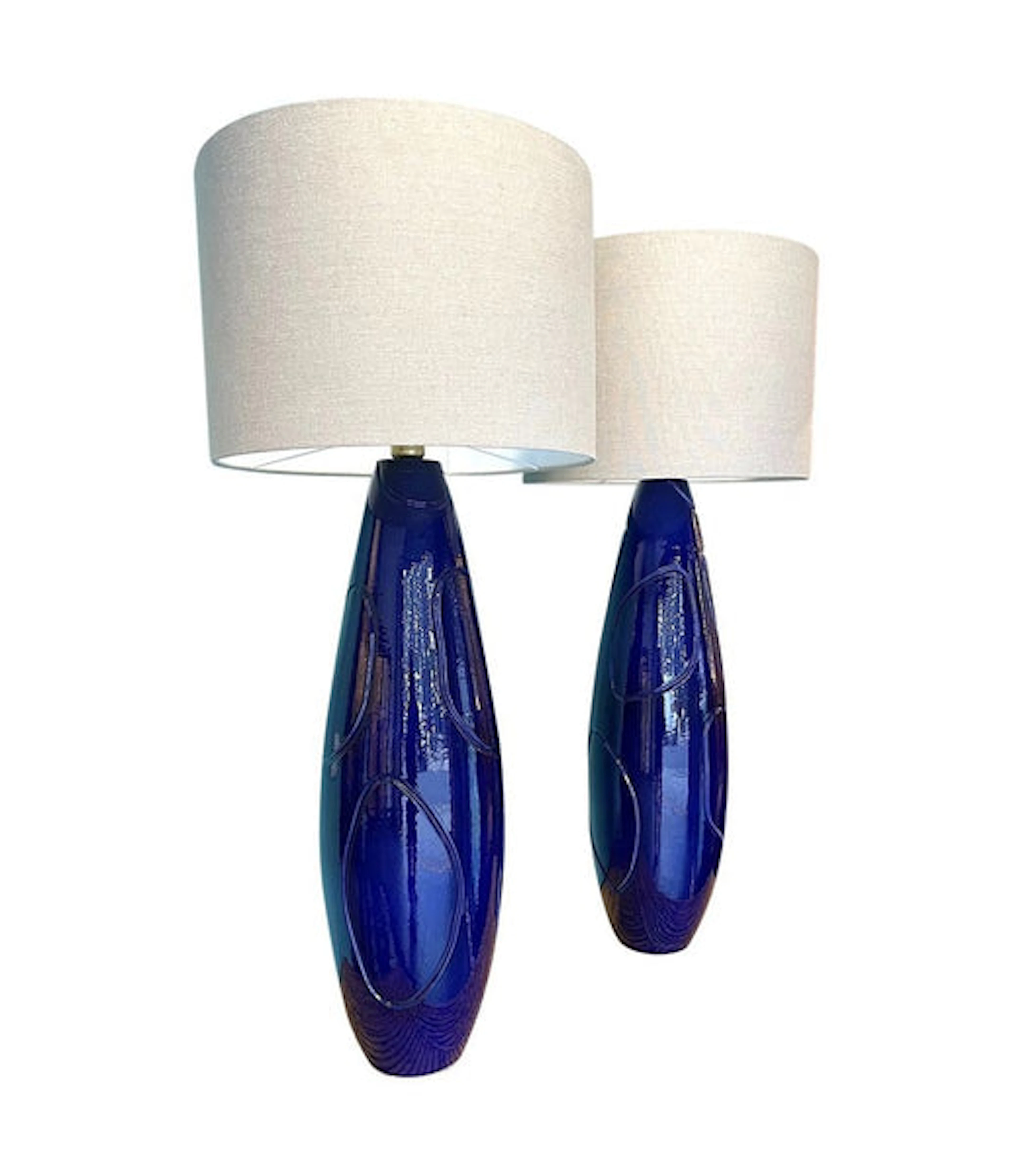 A pair of Italian 1980s large blue ceramic and brass lamps, rewired