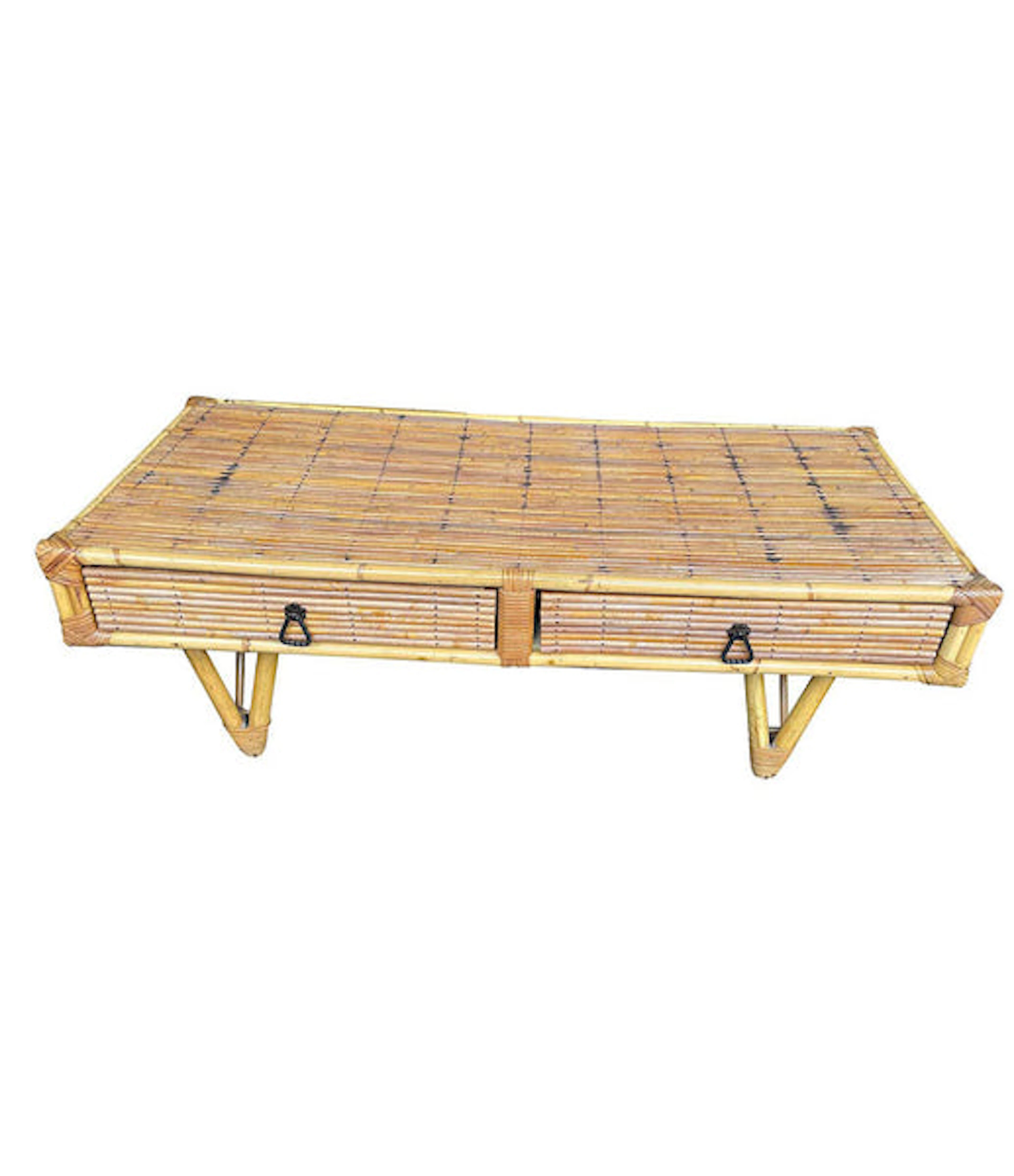 French 1960s bamboo and rattan coffee table with two drawers