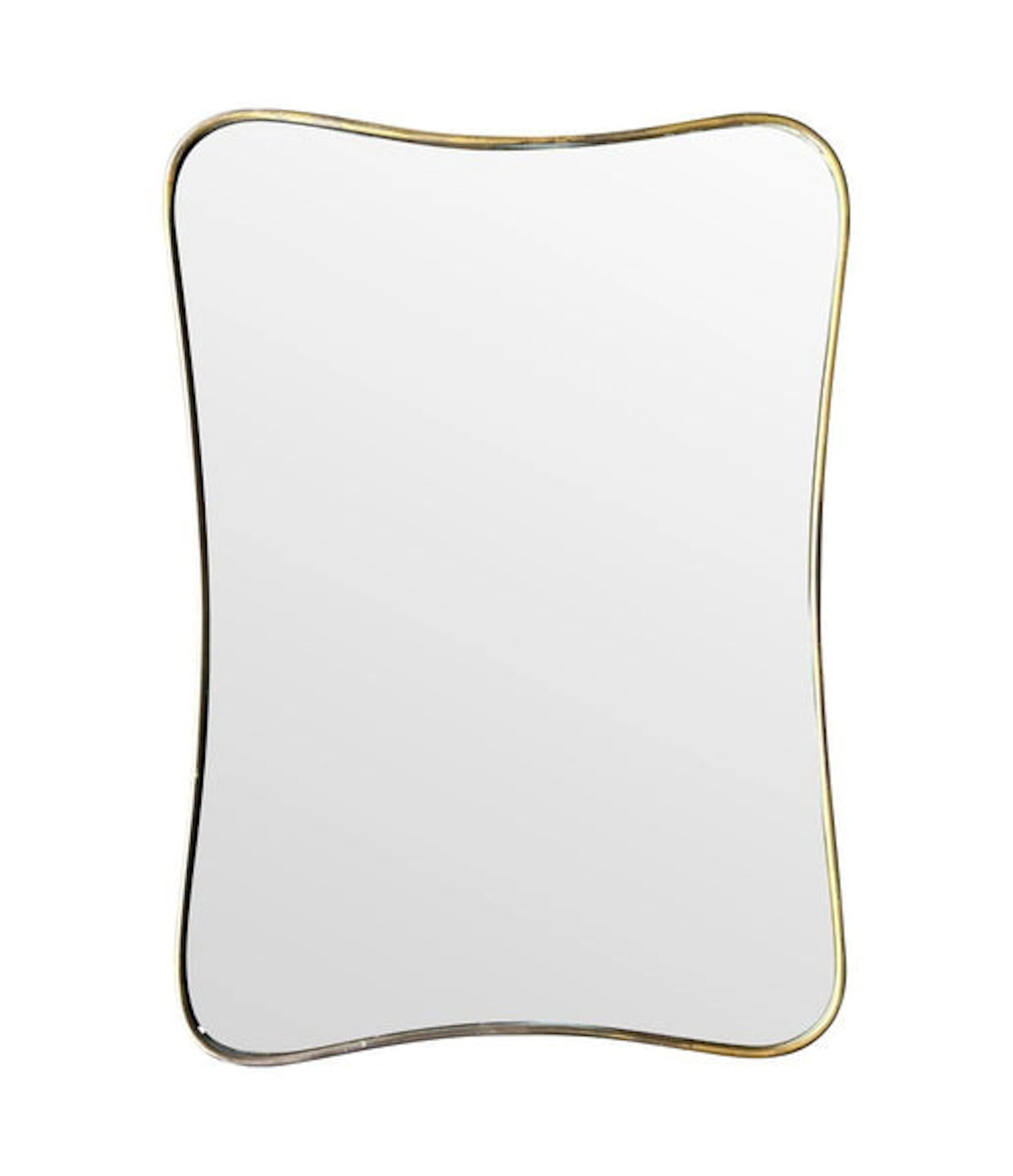 An original Italian 1950s brass framed mirror with shaped curved corners.