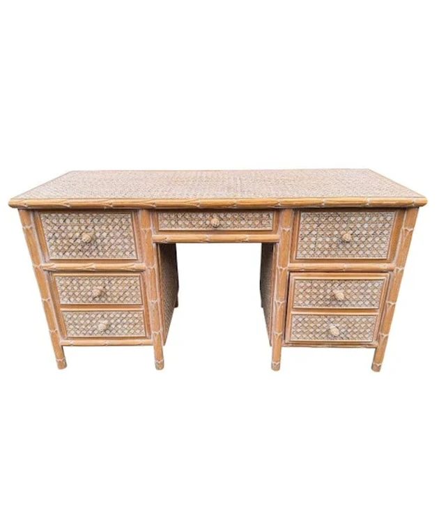 A 1980s colonial style carved wood and rattan desk by Roche Bobois