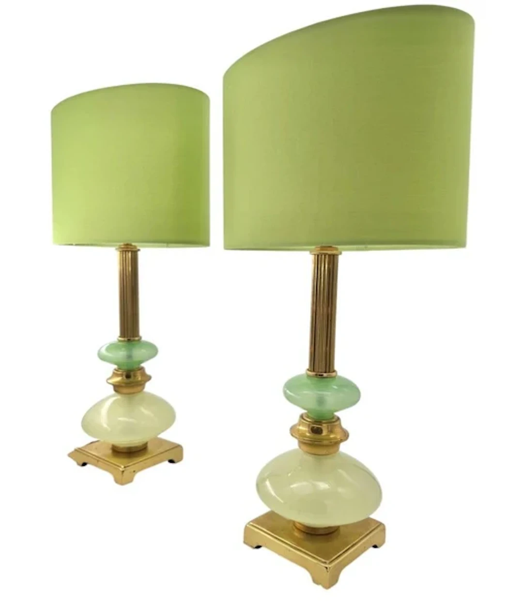 A pair of 1960s Murano opaline glass green lamps, with brass bases and stems.