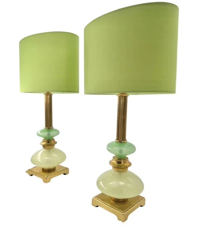 A pair of 1960s Murano opaline glass green lamps, with brass bases and stems.