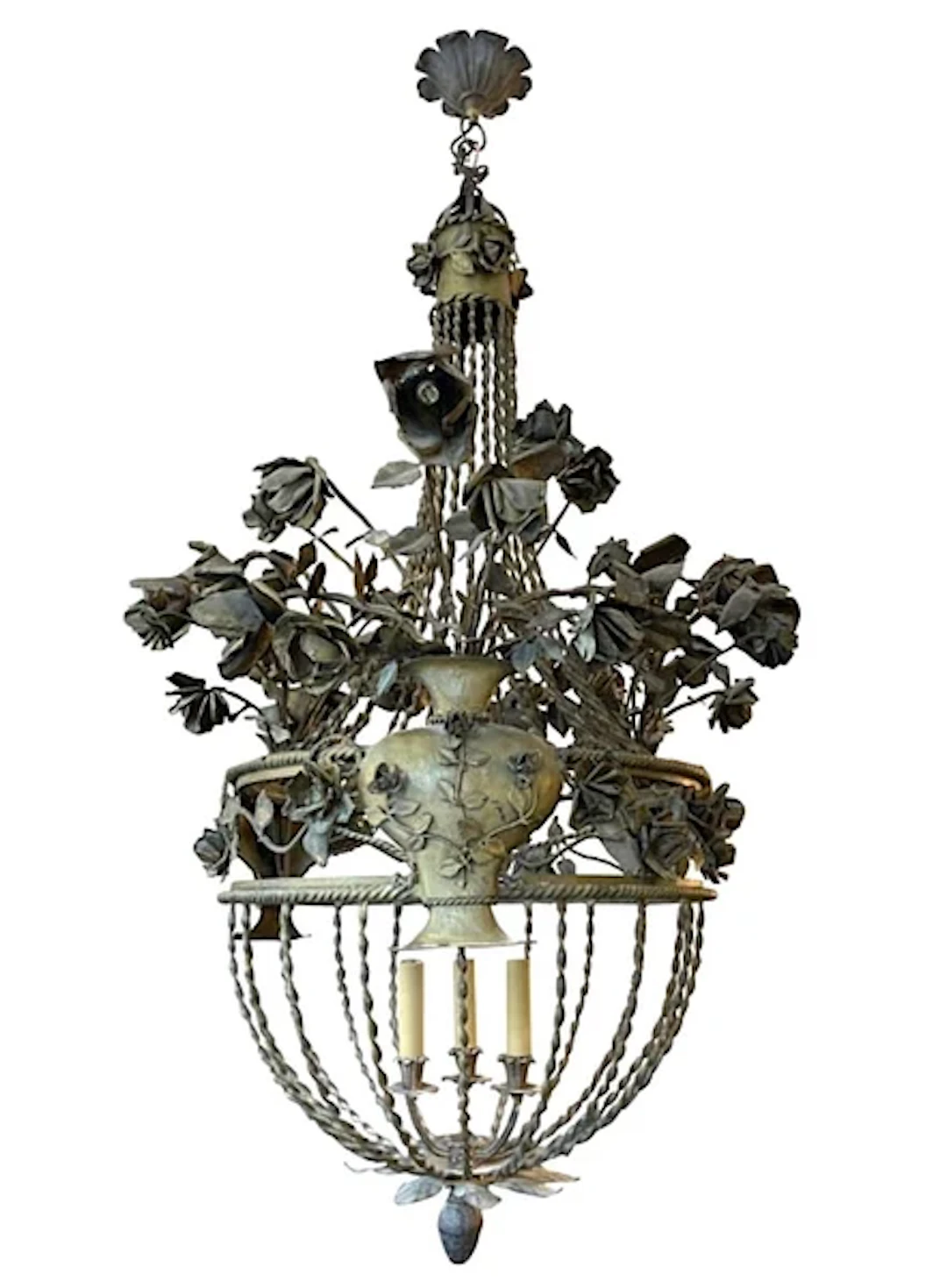 A large 1920s French wrought iron balloon chandelier with vase and