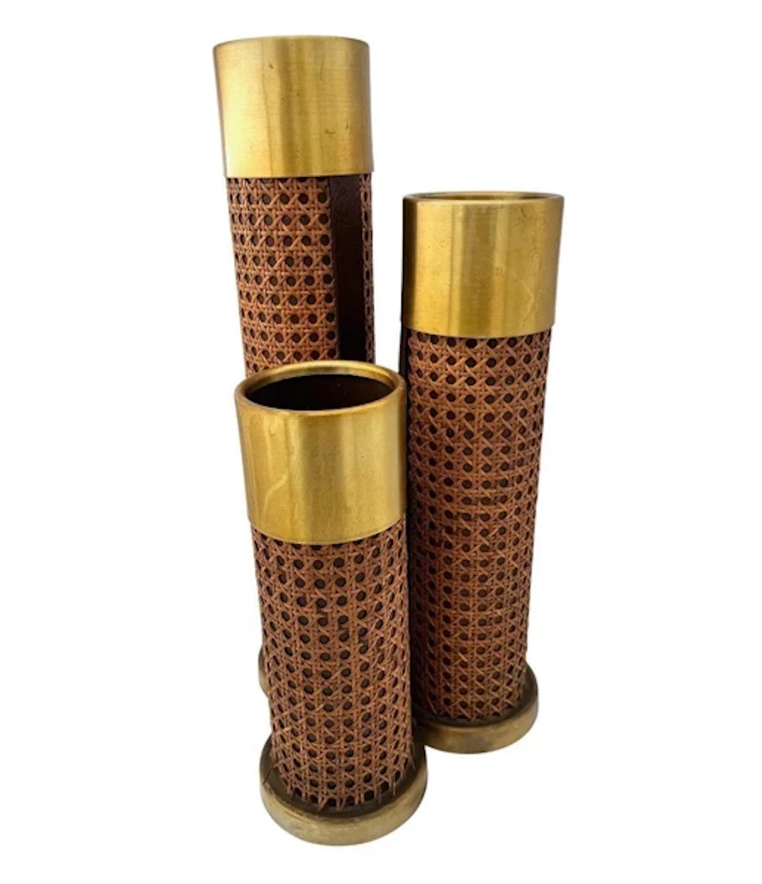 An unusual 1970s Italian rattan, gilt metal and leather umbrella stand