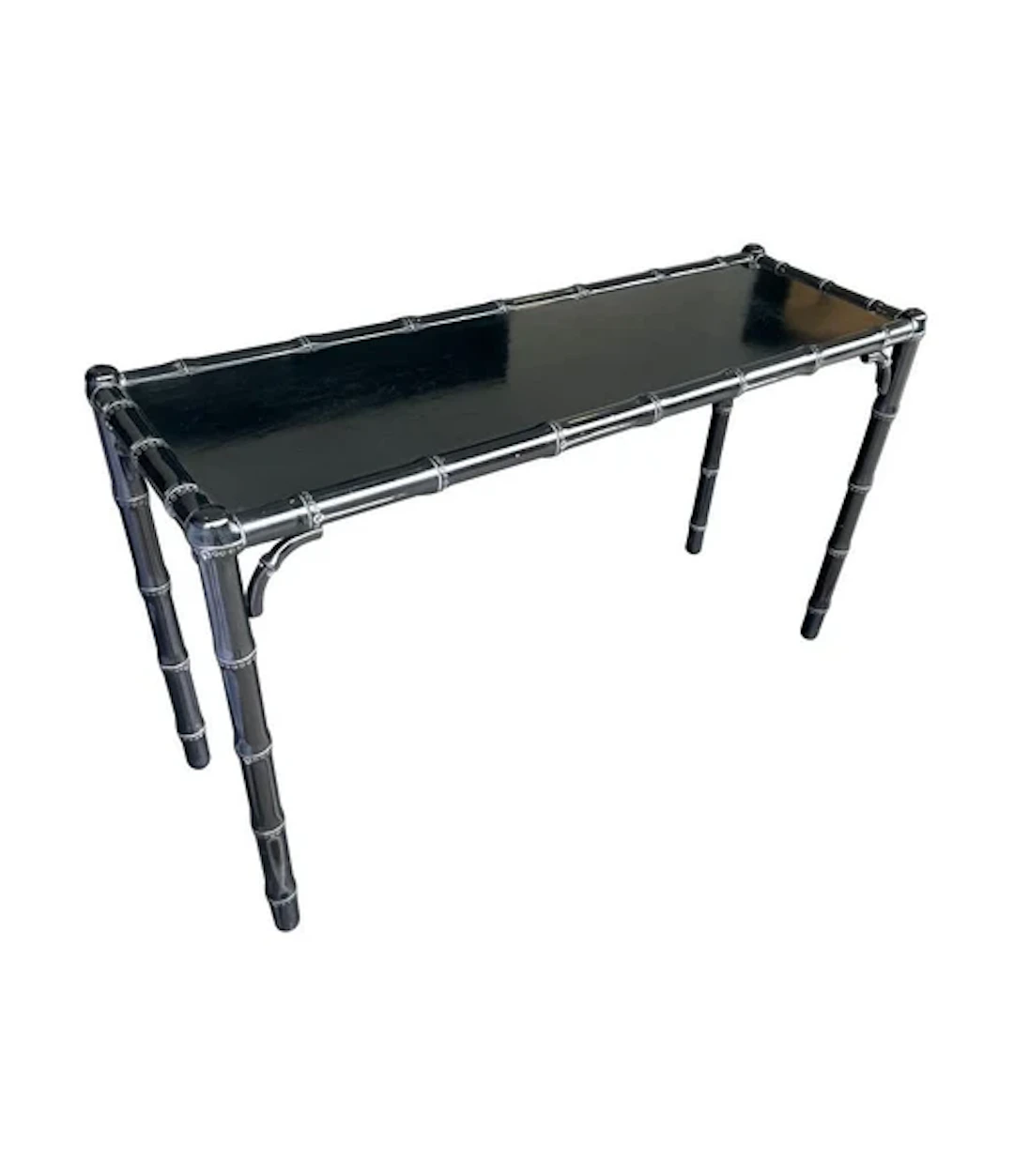 A 1970s chinoiserie black lacquered faux bamboo wooden console table