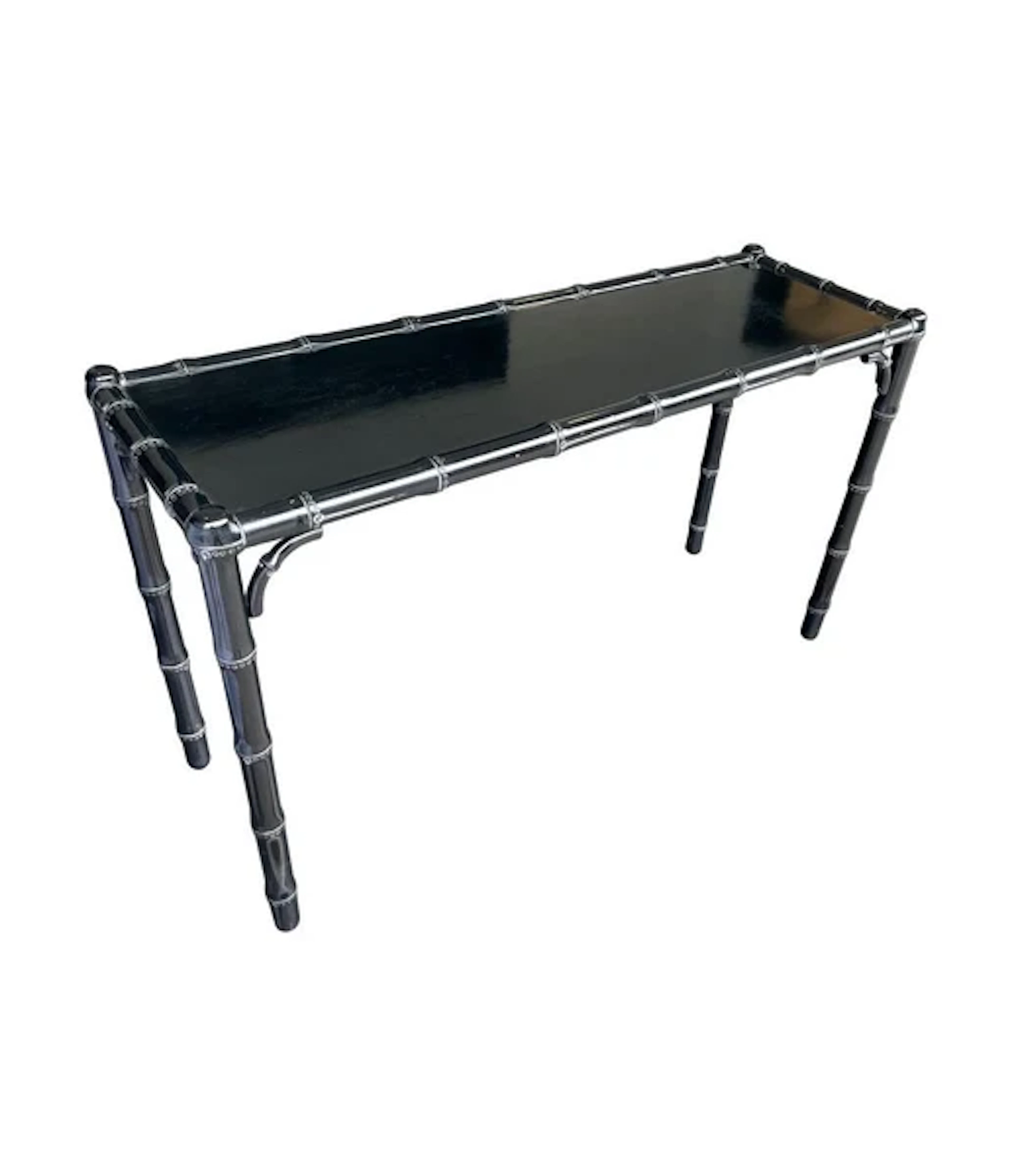 A 1970s chinoiserie black lacquered faux bamboo wooden console table