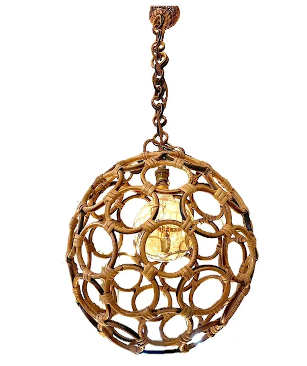 An Italian 1960s circular bamboo ball light in the style of Franco Albini