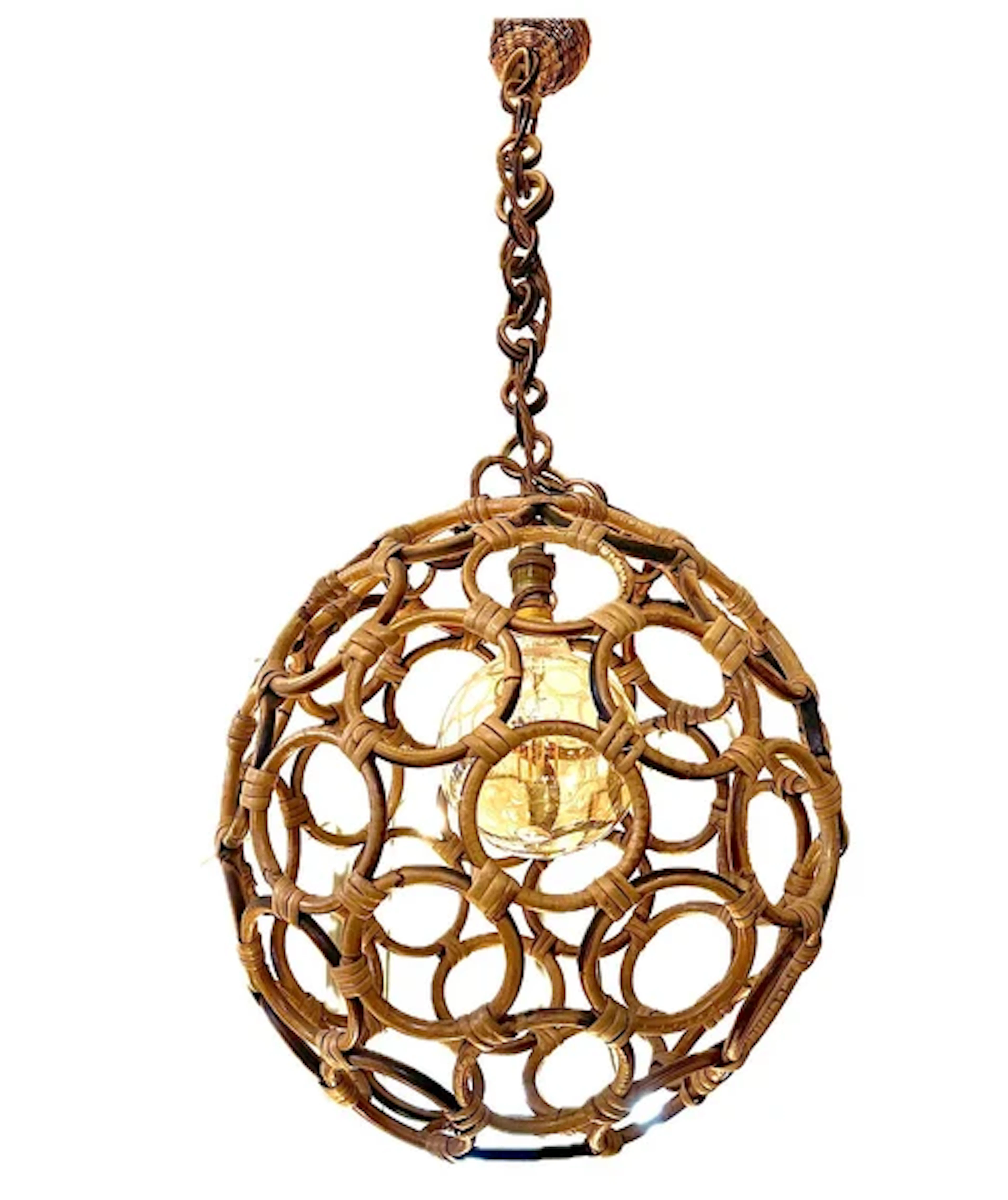 An Italian 1960s circular bamboo ball light in the style of Franco Albini